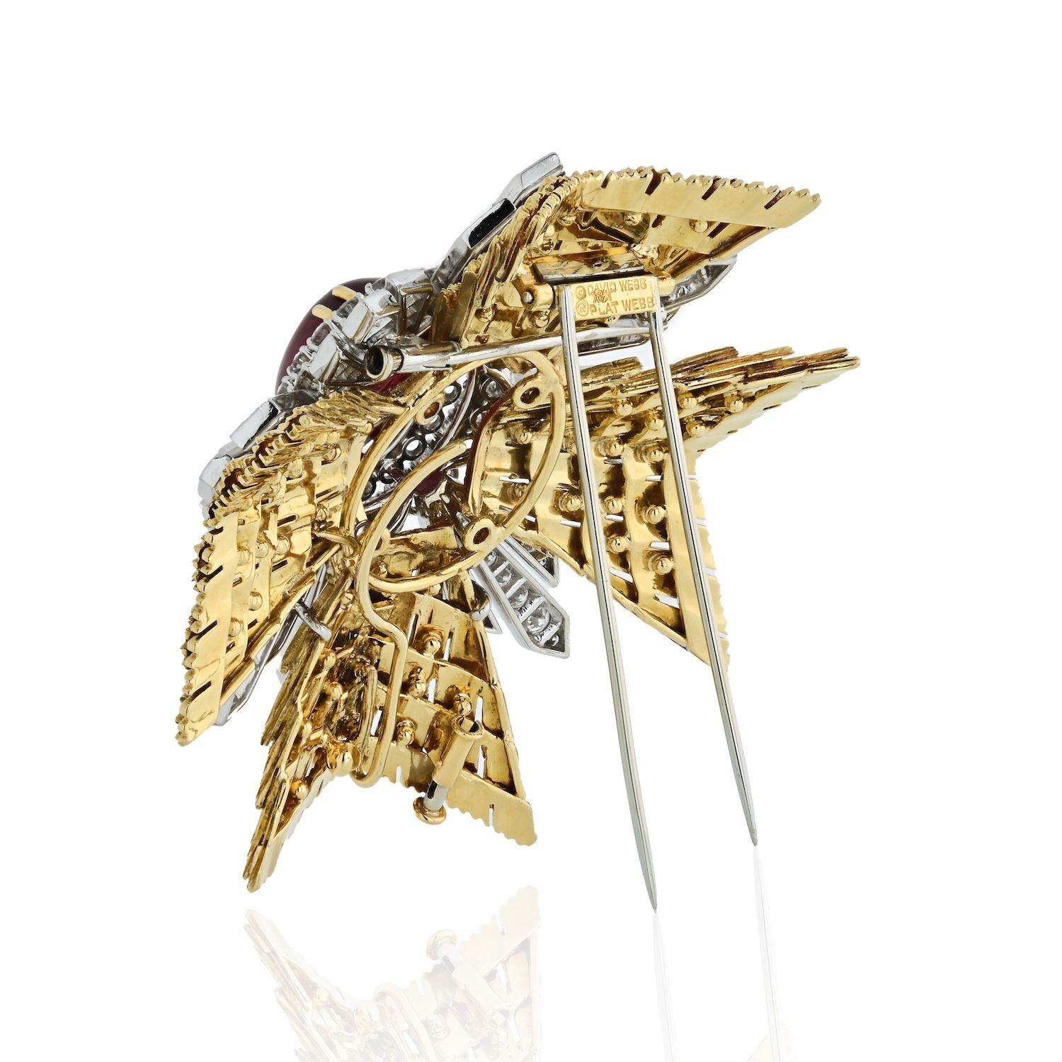 Modern David Webb Maltese Cross Platinum & 18K Yellow Gold Diamonds, Cabochon Ruby Broo