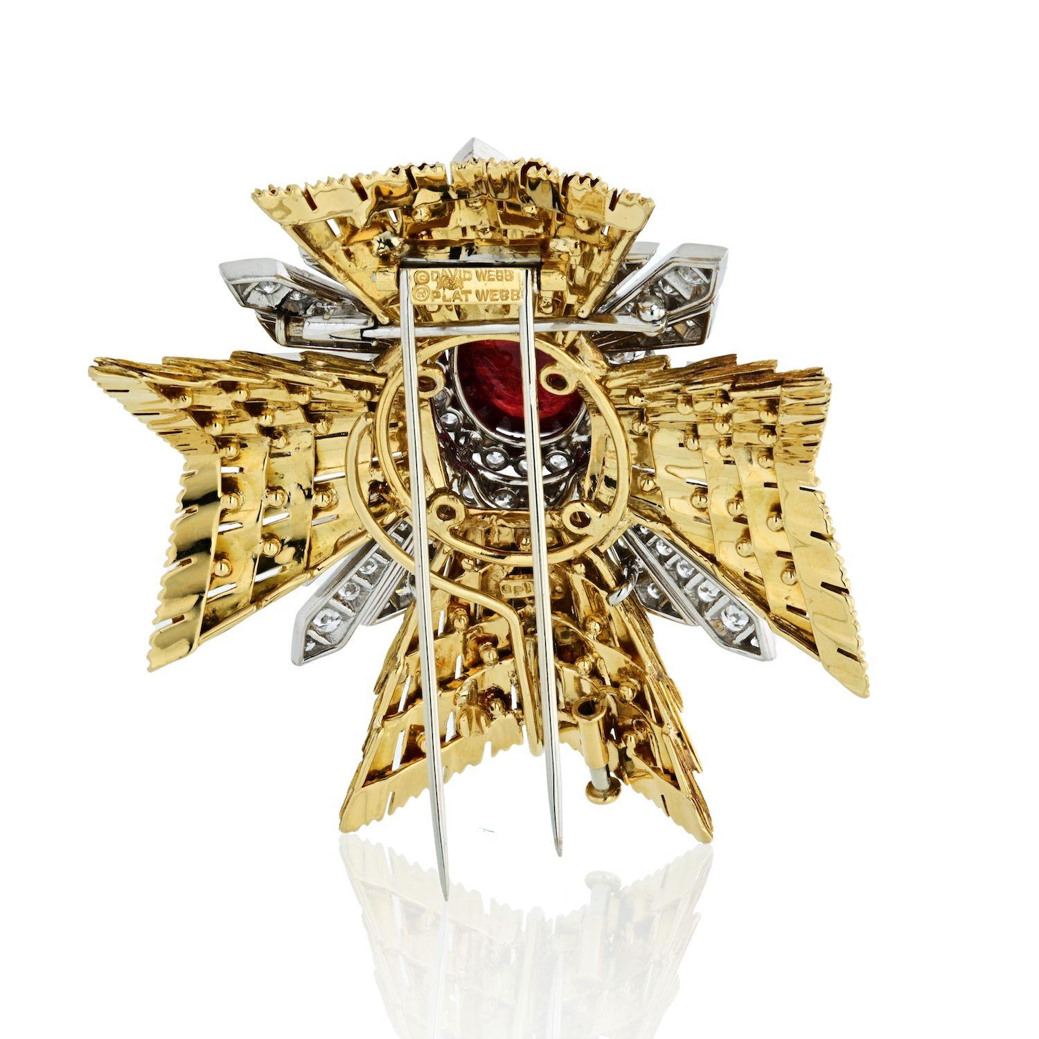 David Webb Maltese Cross Platinum & 18K Yellow Gold Diamonds, Cabochon Ruby Broo In Excellent Condition In New York, NY