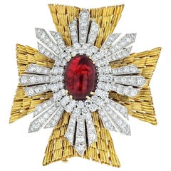 David Webb Maltese Cross Platinum & 18K Yellow Gold Diamonds, Cabochon Ruby Broo