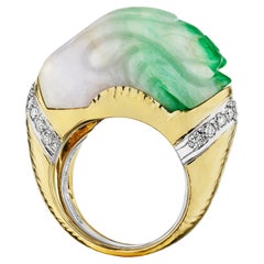 David Webb Modernist Carved Jade Dragon Head Diamond Platinum Gold Ring