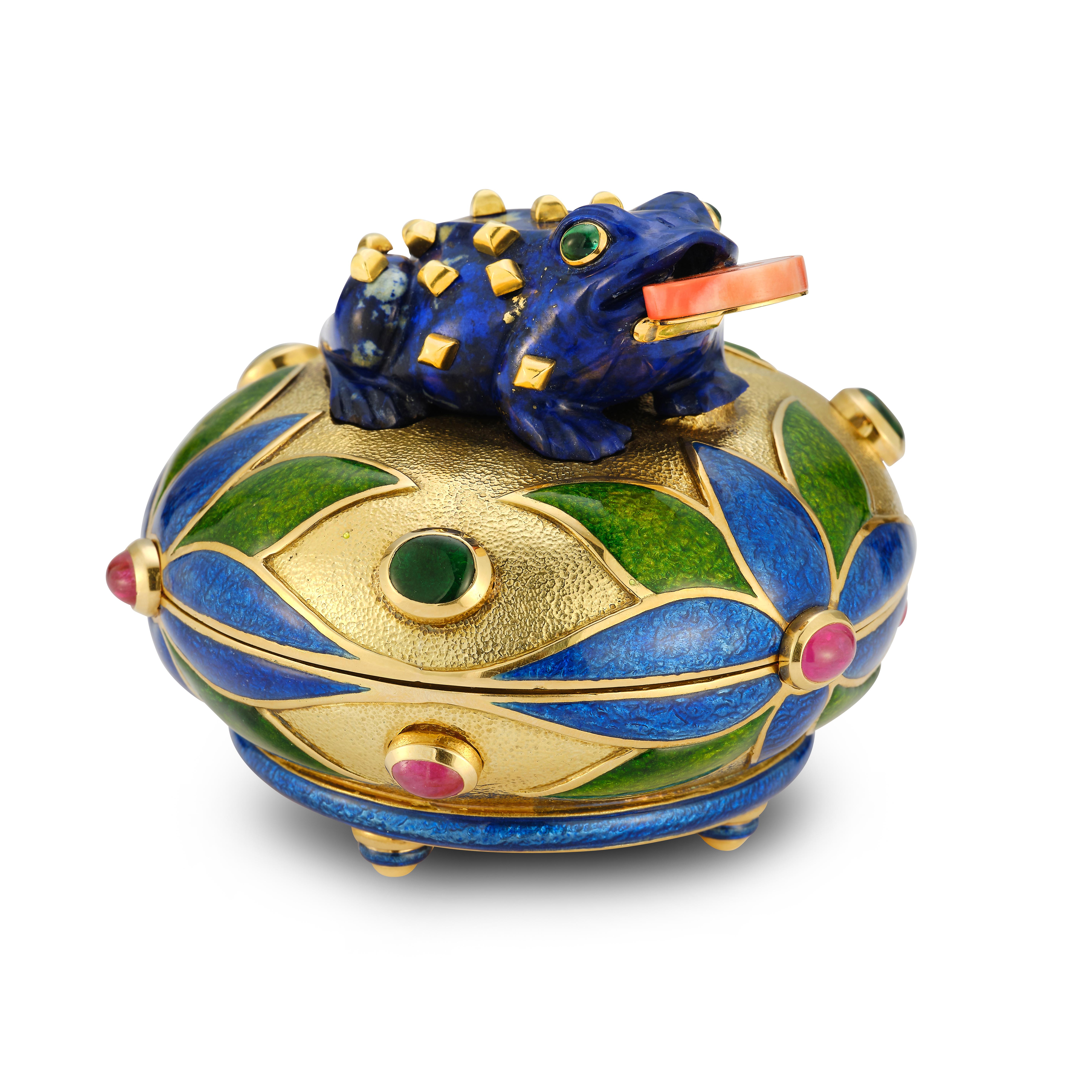 David Webb Multi Gem and Enamel Gold Frog Bowl

A gold bowl topped by a lapis lazuli frog with a coral tongue
Set with 6 cabochon rubies, 5 cabochon emeralds, 3 blue and green enamel flower designs

Ruby weight: 11.26ct
Emerald weight: