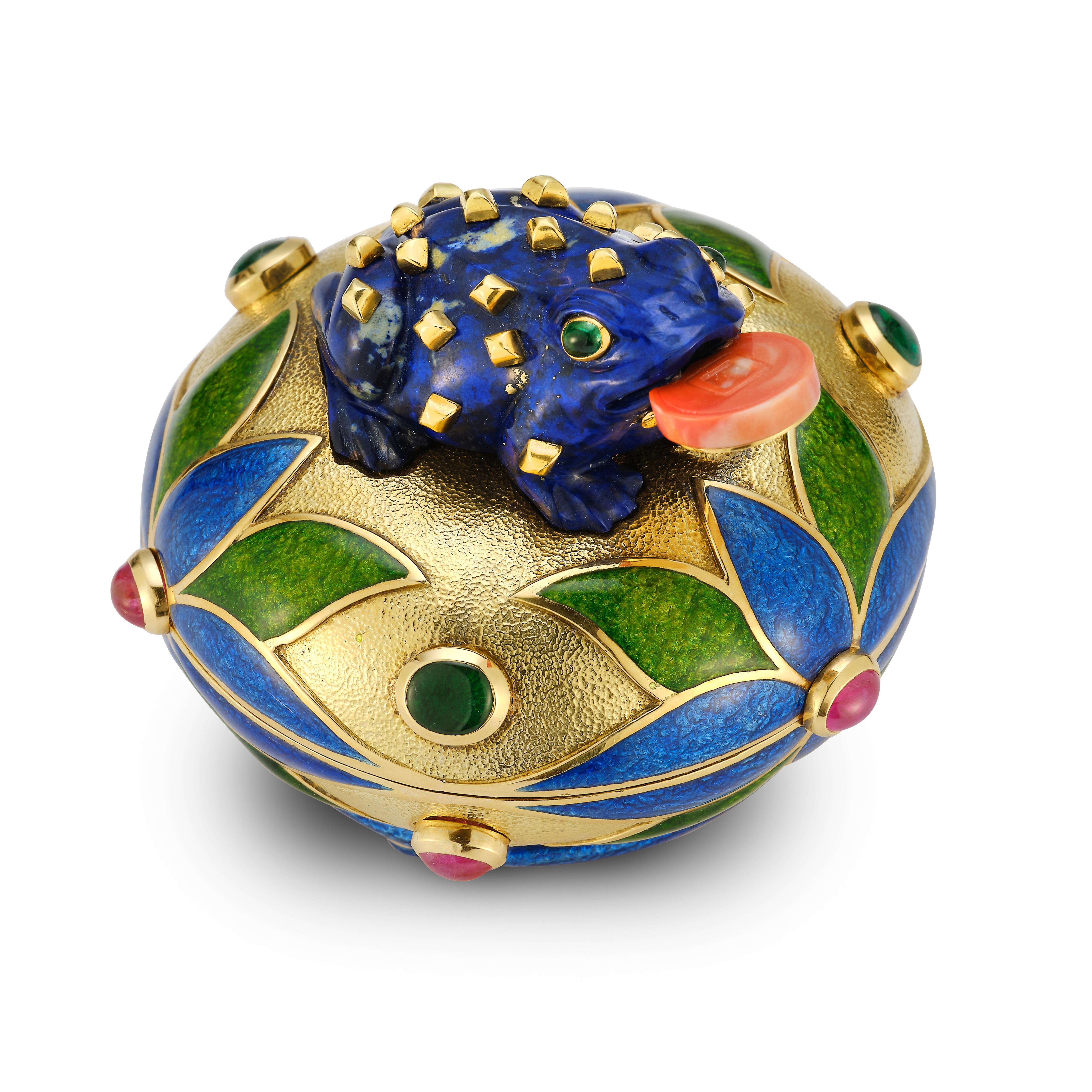 David Webb Multi Gem and Enamel Gold Frog Bowl In Excellent Condition For Sale In New York, NY