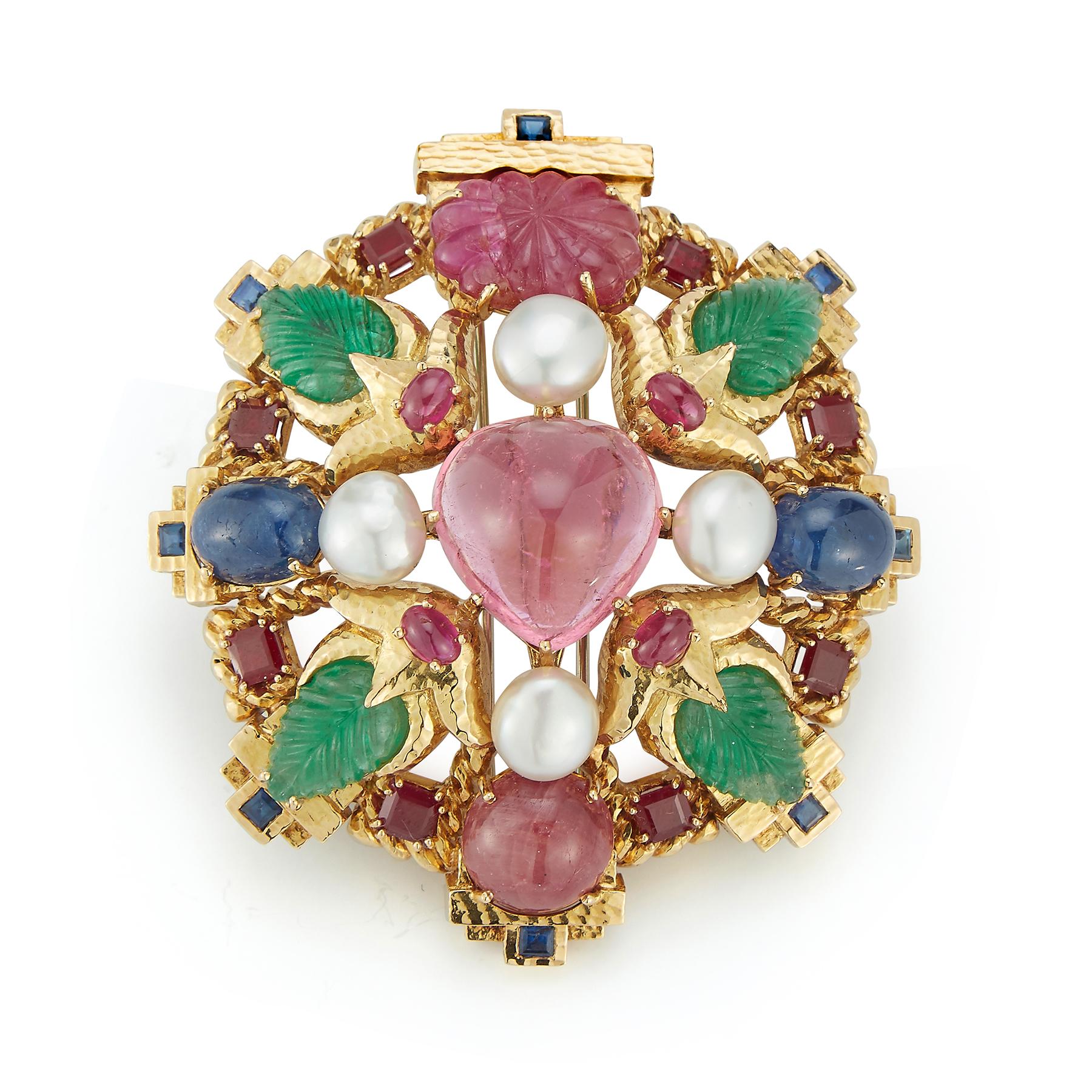 Large size David Webb Multi Gem Pendant Brooch consisting of pearls, cabochon and carved pink tourmaline, carved emeralds, & cabochon sapphires.

Measurements: 2.5