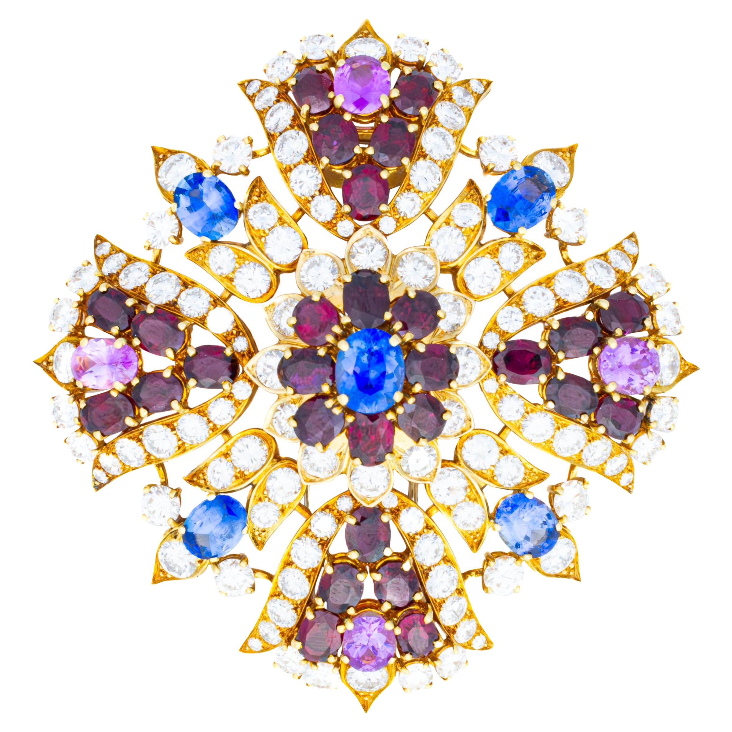 Pre-owned David Webb Multigem And Diamond Floral Gold Brooch In Multiple