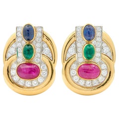 David Webb MultiGem Diamond Platinum 18K Gold Vintage Cabochon Ear-Clip Earrings