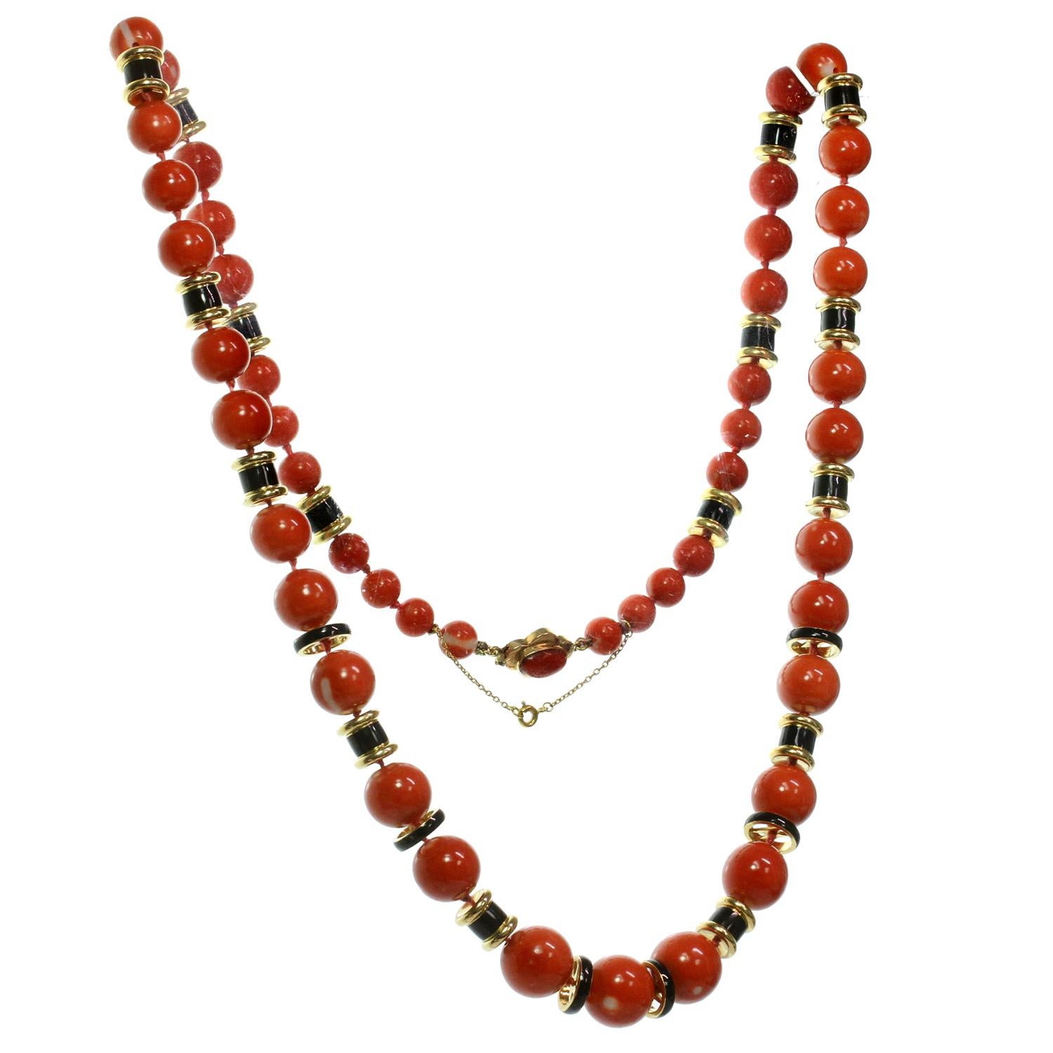 Round Cut David Webb Natural Red Coral Bead Black Enamel Yellow Gold Necklace For Sale