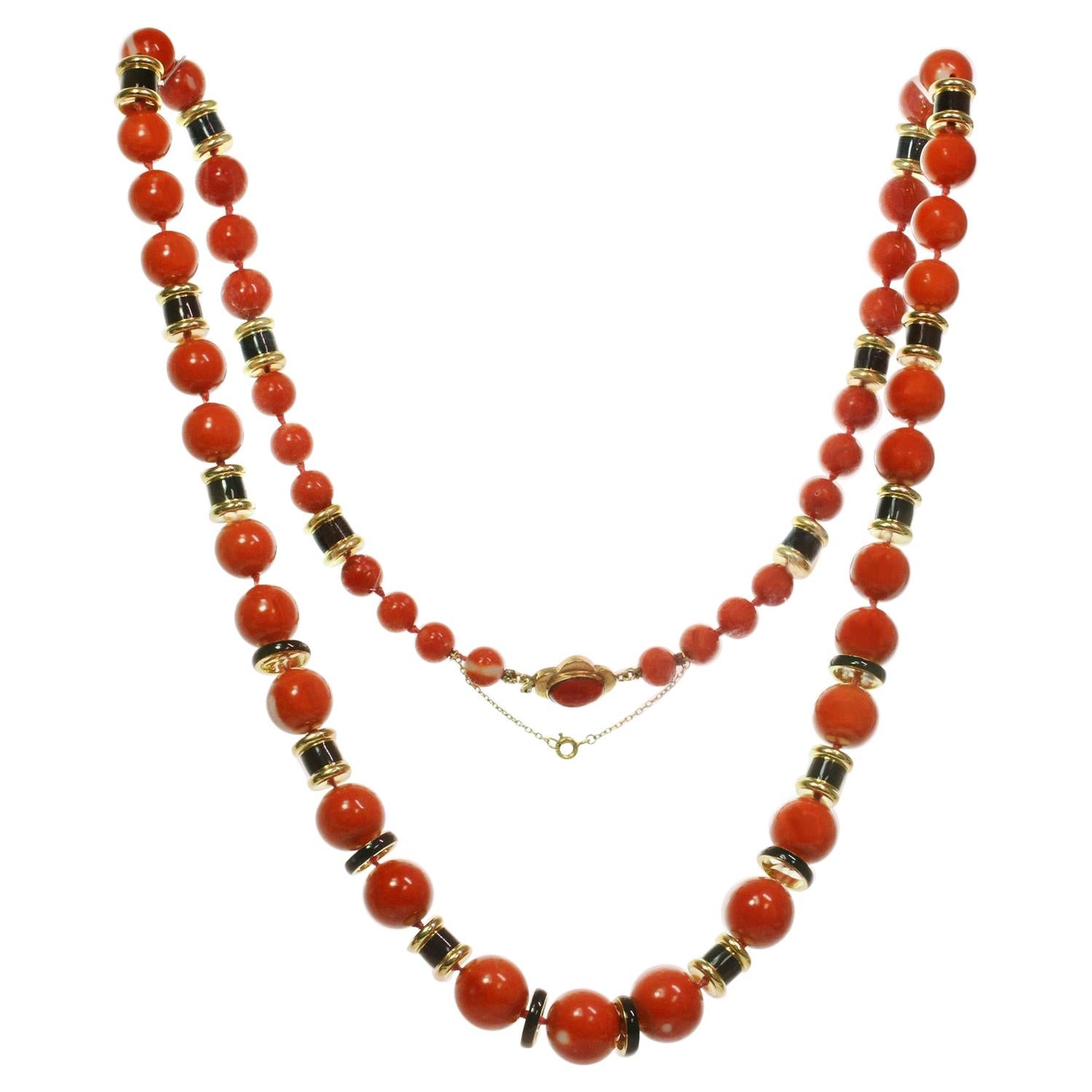 David Webb Natural Red Coral Bead Black Enamel Yellow Gold Necklace For Sale