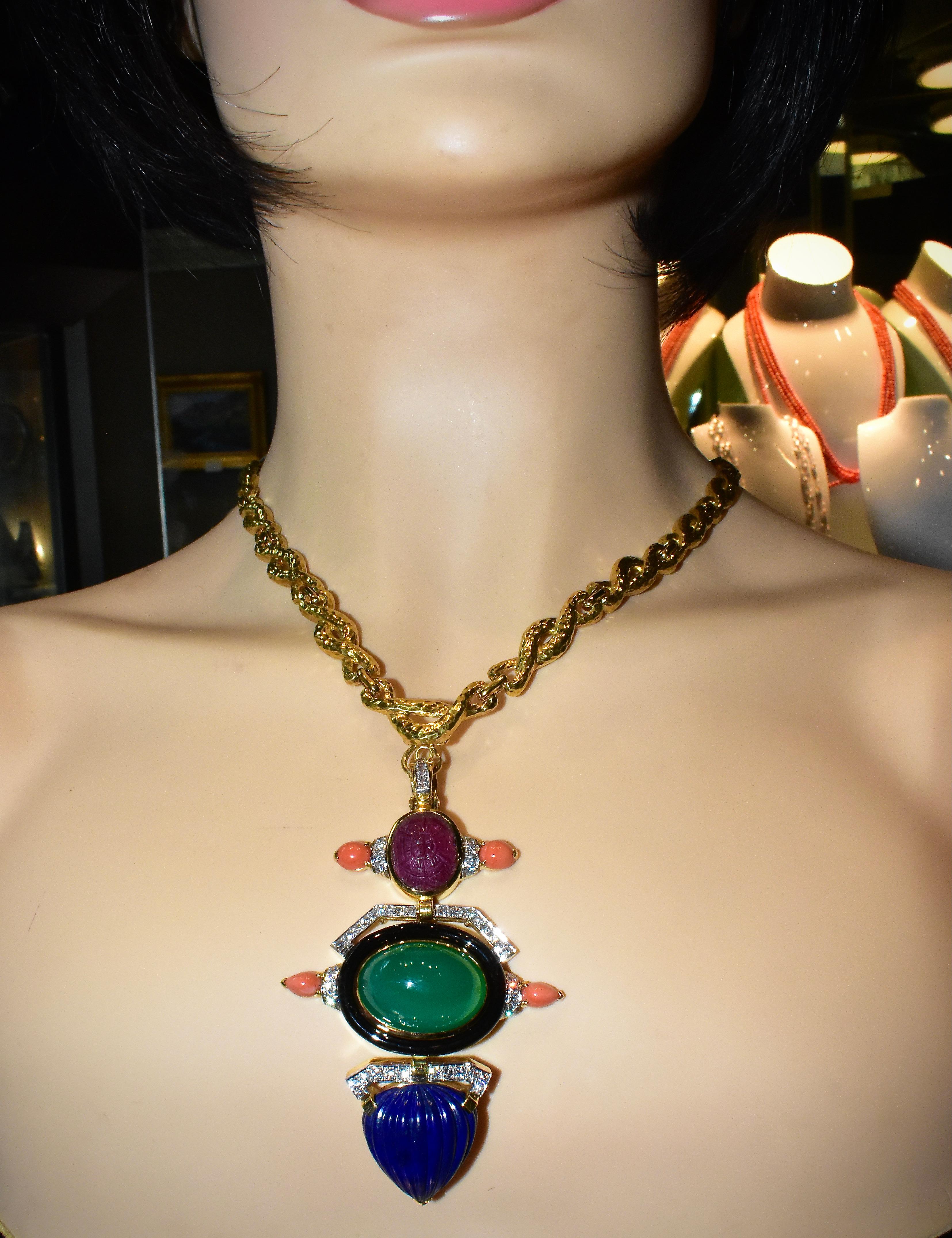 David Webb Necklace 18k, Diamond, Ruby, Chrysoprase, Lapis and Enamel, c. 1968 In Excellent Condition In Aspen, CO