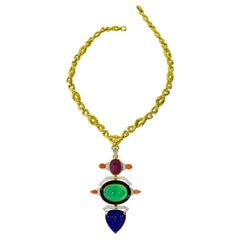 David Webb Halskette 18k:: Diamant:: Rubin:: Chrysopras:: Lapis und Emaille:: c. 1968