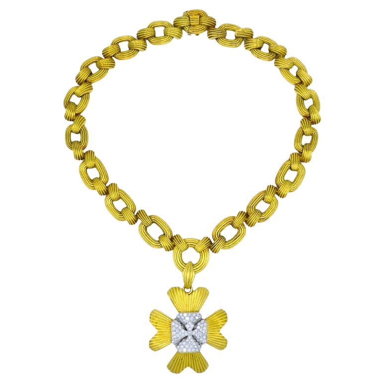 David Webb Collana Sautoir Catena Ovale Link Oro 18k Platino Diamante Spilla in vendita