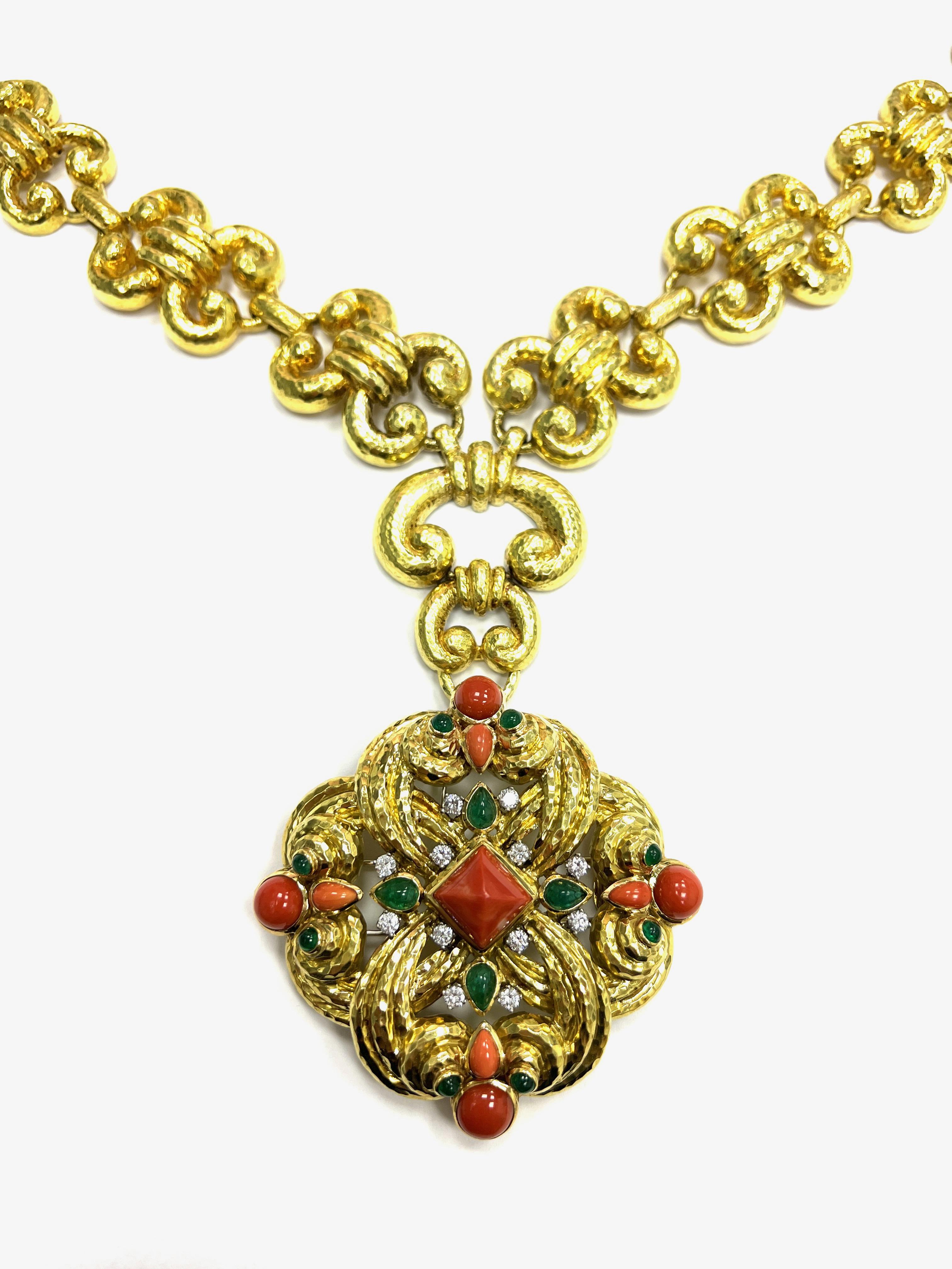 David Webb One of A Kind Coral Emerald 18k Yellow Gold Pendant Brooch  For Sale 6