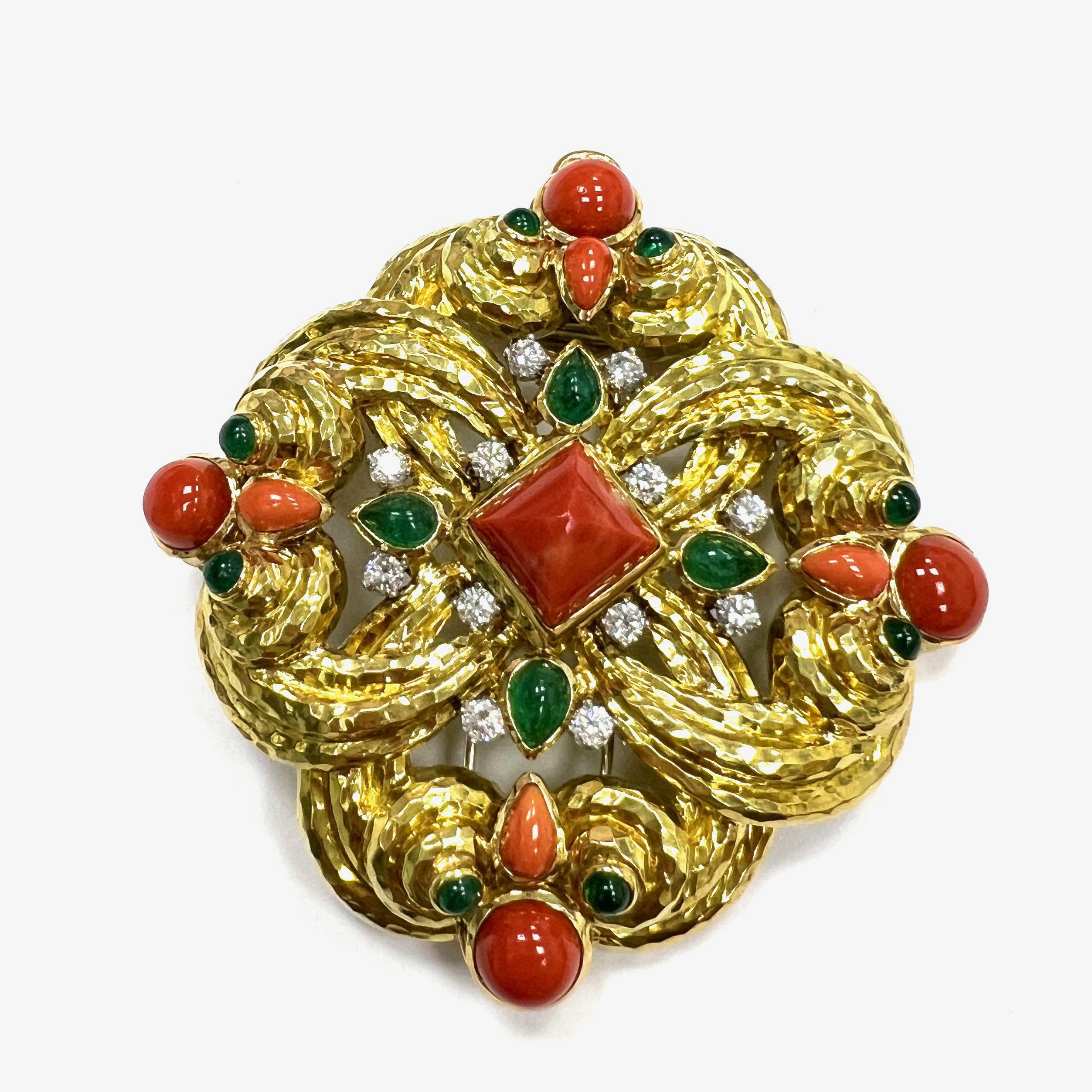 David Webb One of A Kind Coral Emerald 18k Yellow Gold Pendant Brooch

Cabochon and uncarved coral, cabochon emeralds of approximately 3.5 carats, round-cut diamonds of approximately 2 carats; set on hammered 18 karat yellow gold and platinum;