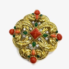 David Webb One of A Kind Coral Emerald 18k Yellow Gold Pendant Brooch