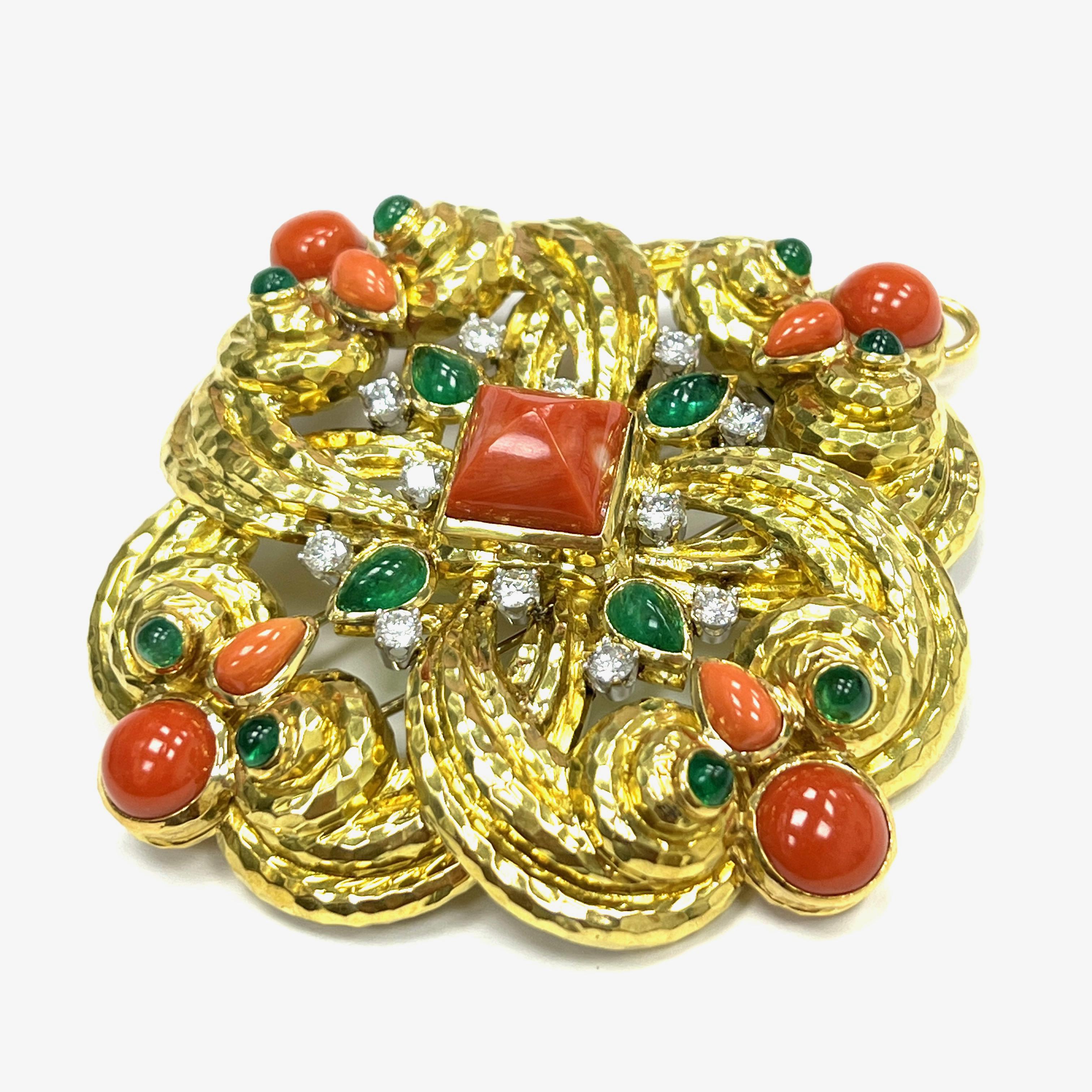 Uncut David Webb One of A Kind Coral Emerald 18k Yellow Gold Pendant Brooch  For Sale