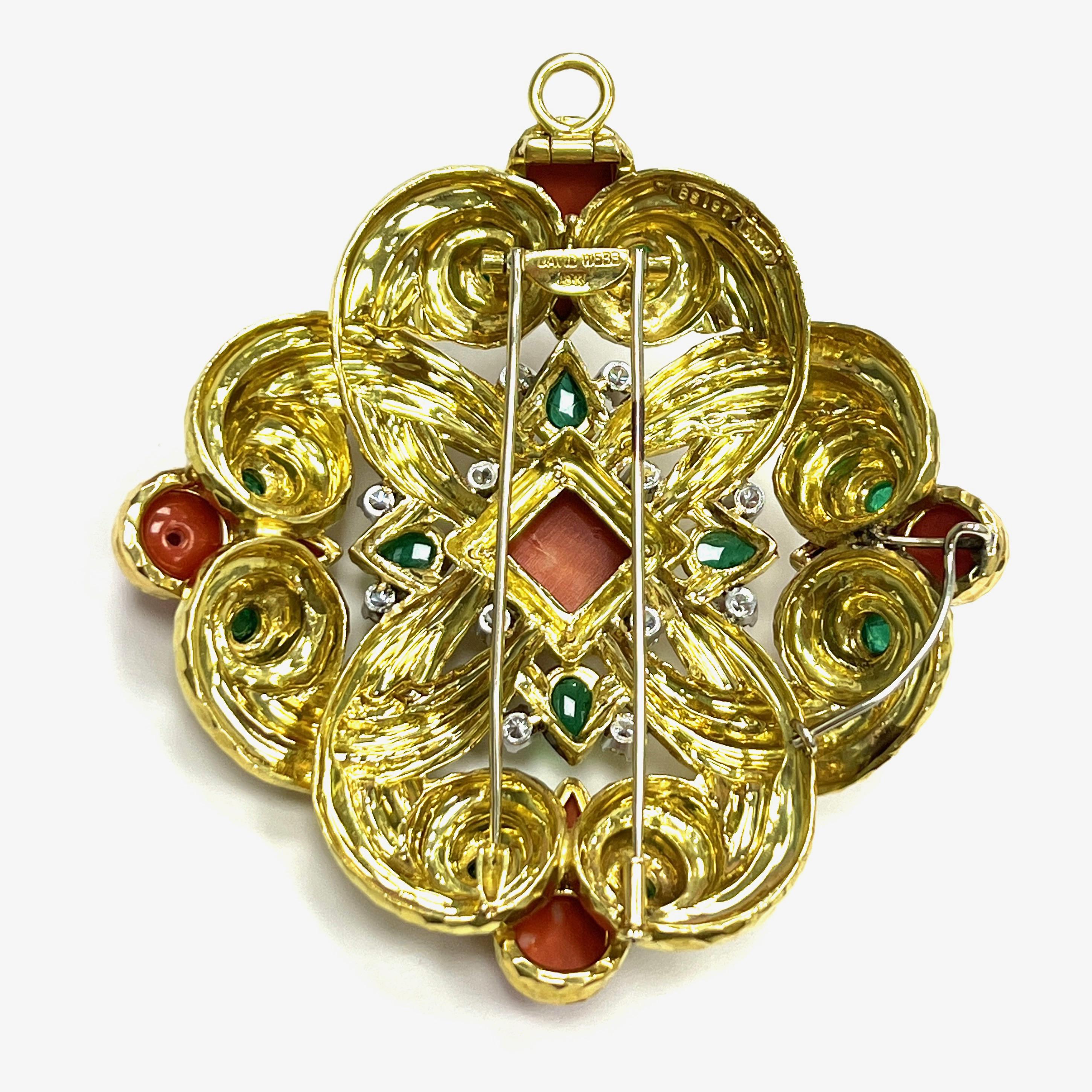 David Webb One of A Kind Coral Emerald 18k Yellow Gold Pendant Brooch  For Sale 4