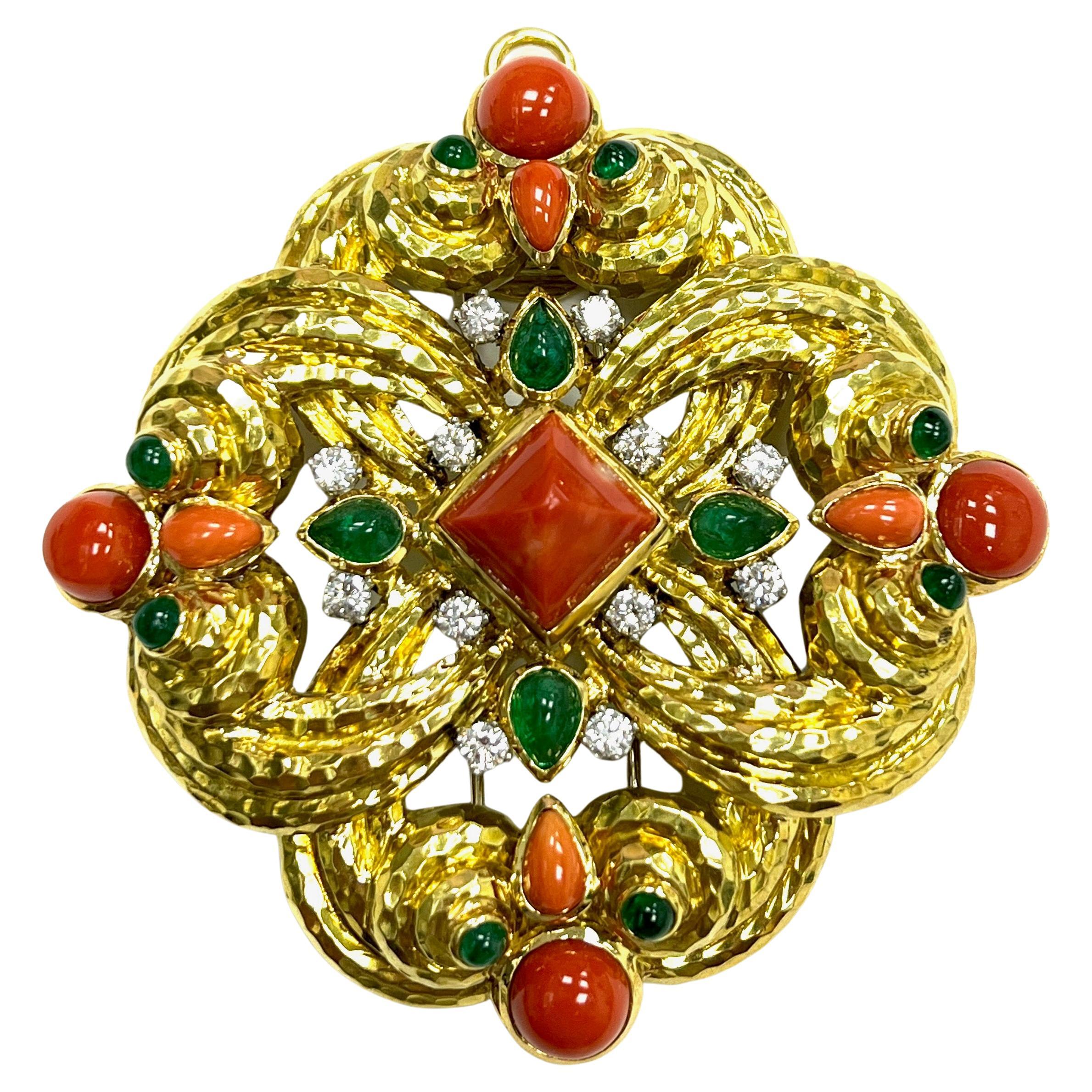 David Webb One of A Kind Coral Emerald 18k Yellow Gold Pendant Brooch 