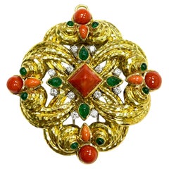David Webb One of A Kind Coral Emerald 18k Yellow Gold Pendant Brooch 
