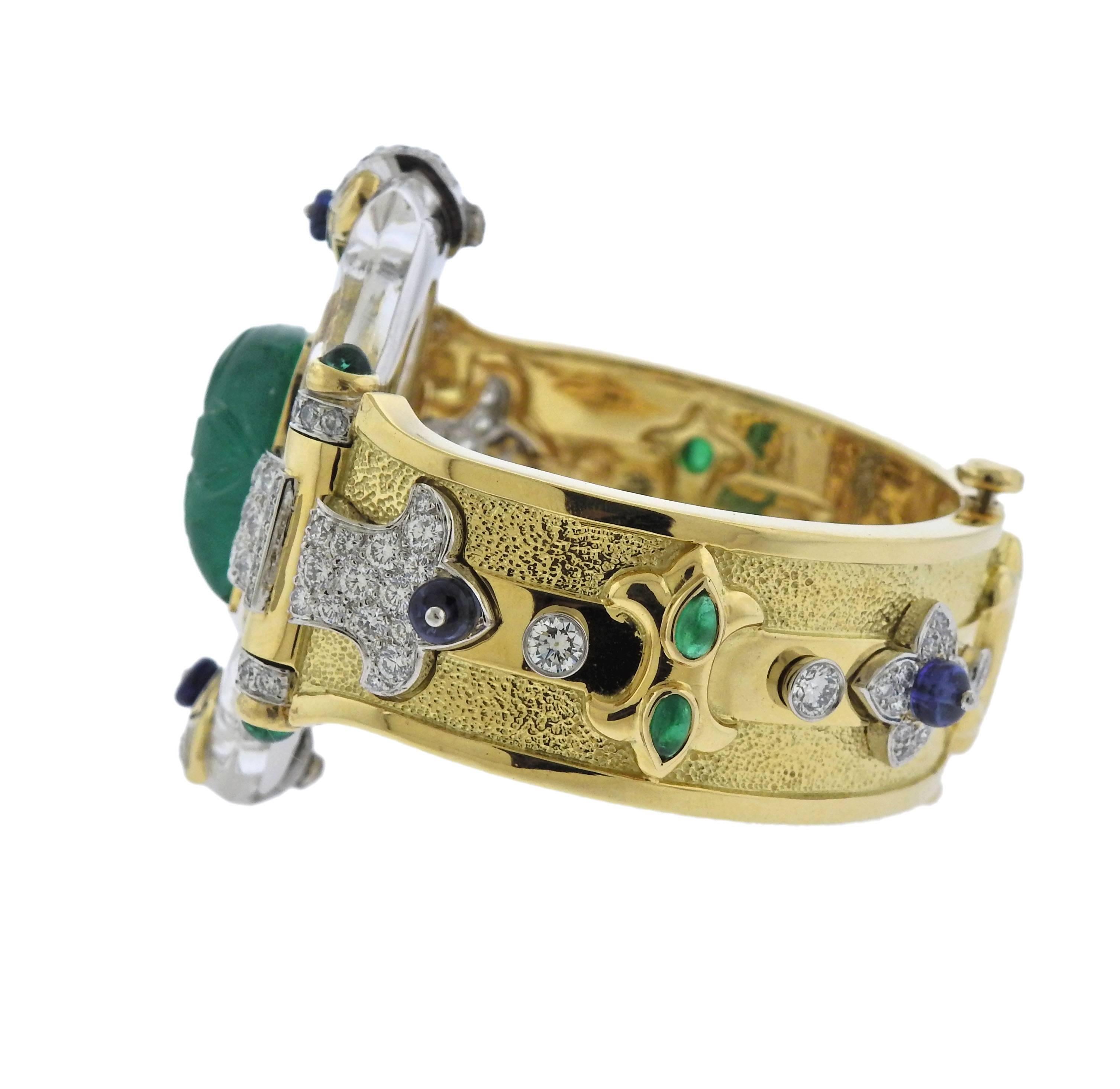 Uncut David Webb One of a Kind Emerald Diamond Sapphire Platinum Gold Bracelet