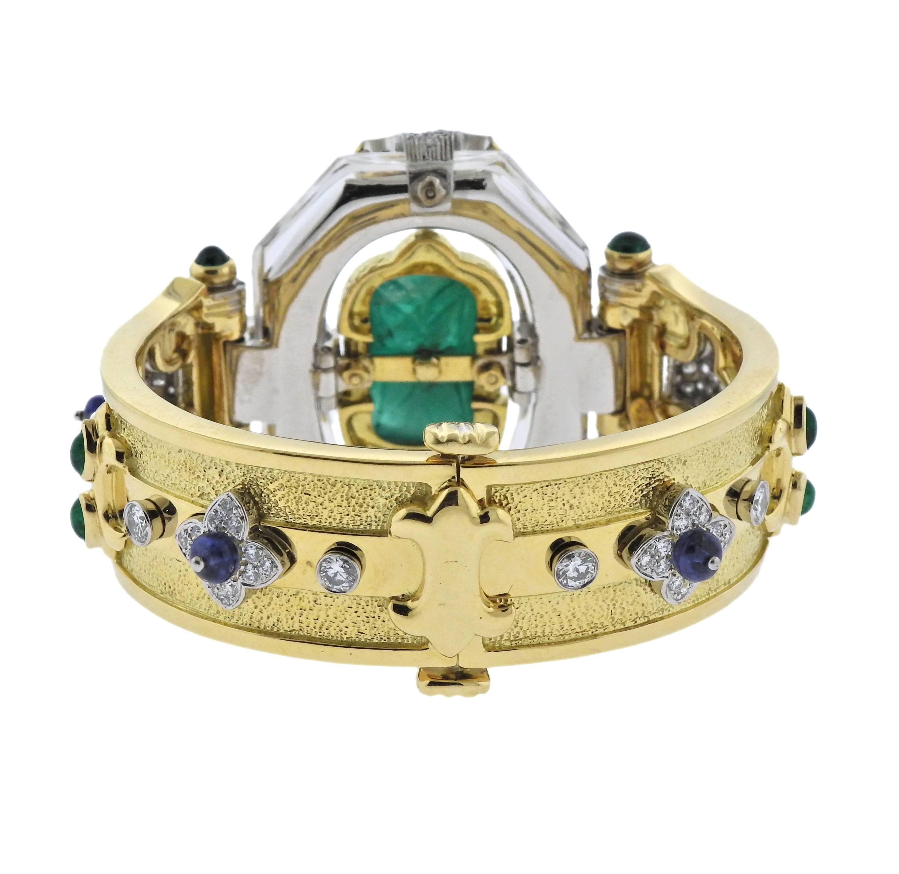 David Webb One of a Kind Emerald Diamond Sapphire Platinum Gold Bracelet In Excellent Condition In Lambertville, NJ