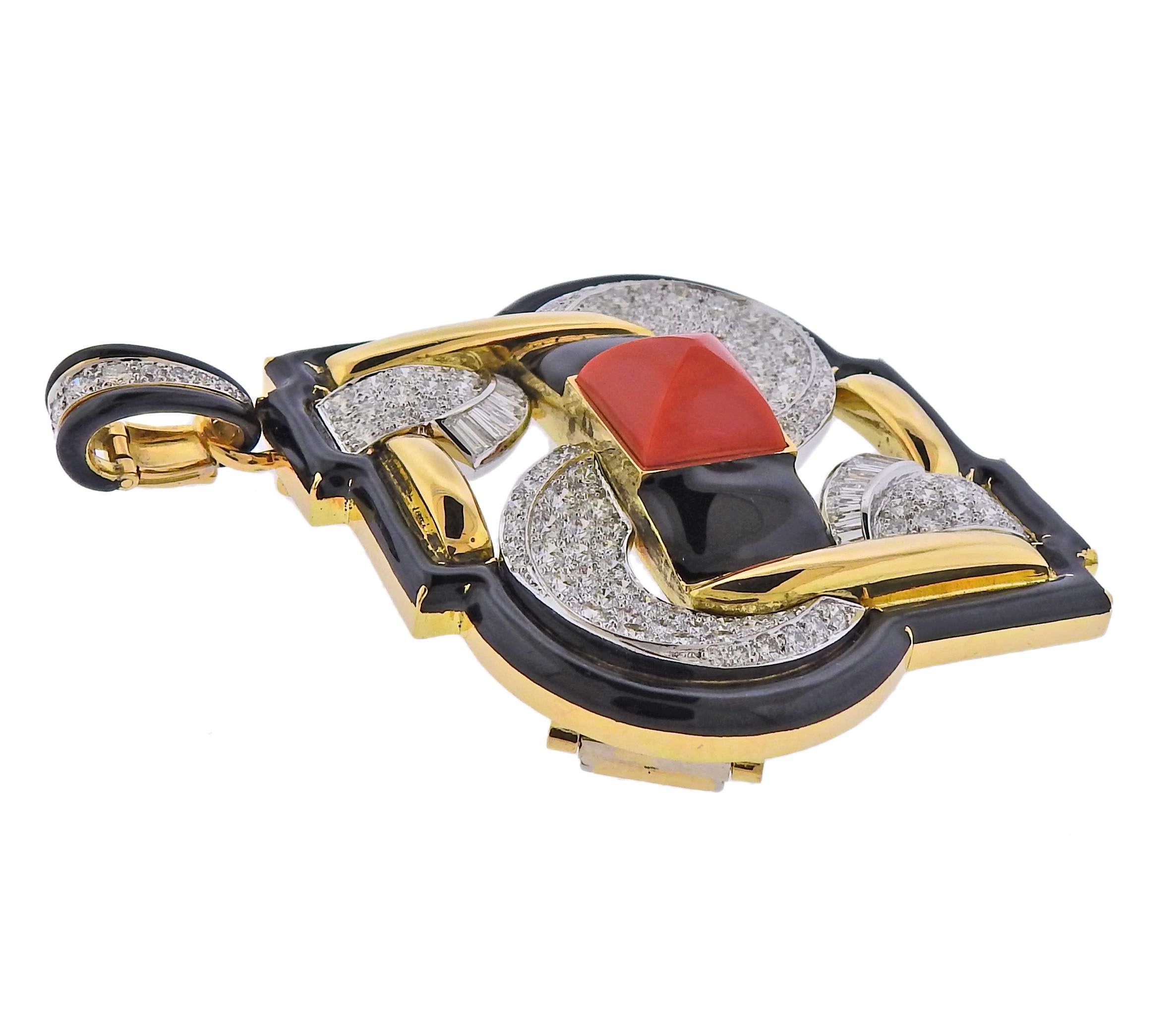 One of a kind pendant brooch, in 18k gold and platinum, crafted by David Webb, with coral and approx. 5.00cts in H/VS-SI1 diamonds. Pendant/brooch is 3