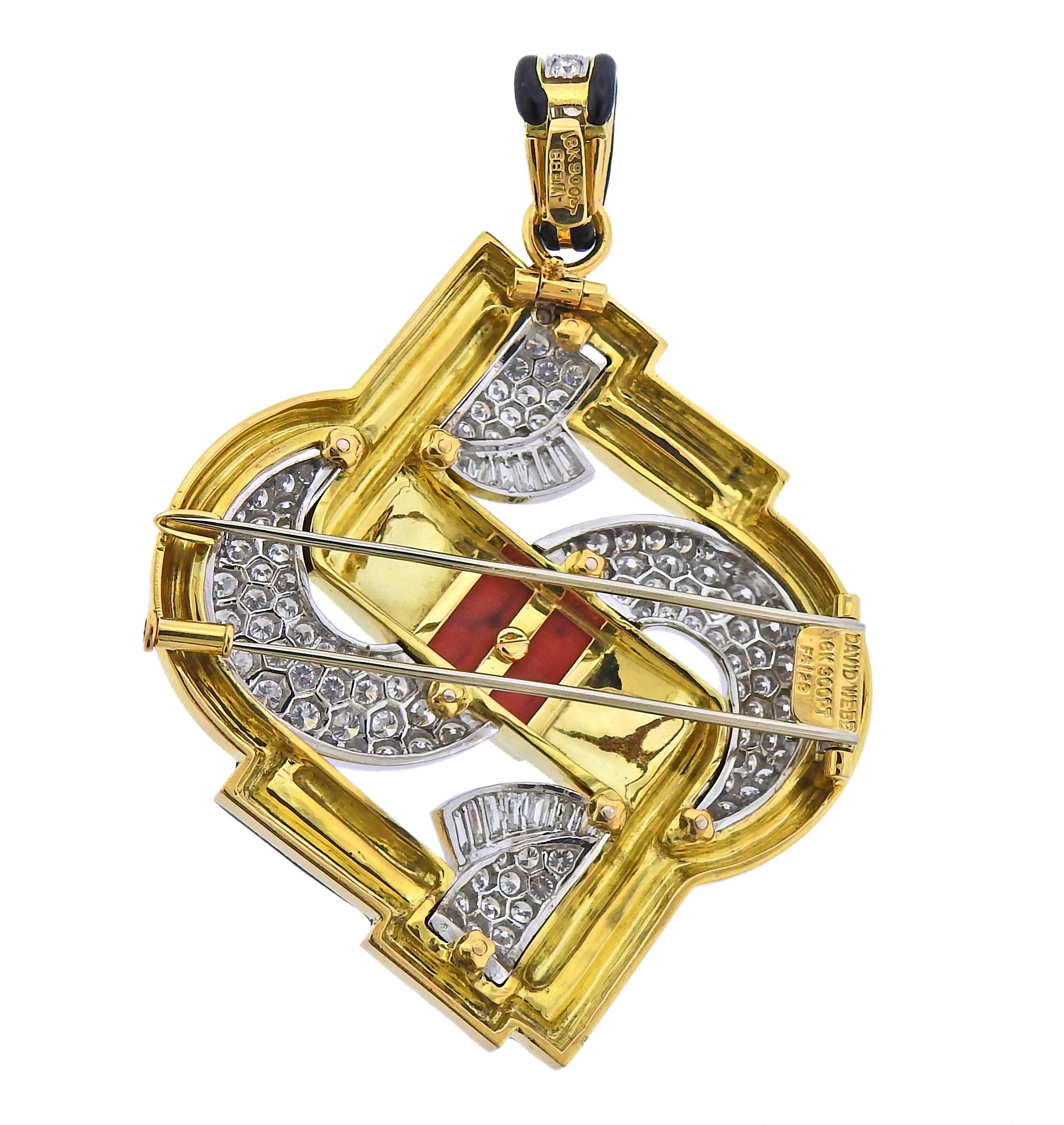 Round Cut David Webb One of a Kind Platinum Gold Coral Diamond Enamel Pendant Brooch For Sale