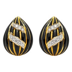 David Webb Gold and Black Enamel Almond Earrings with Diamonds