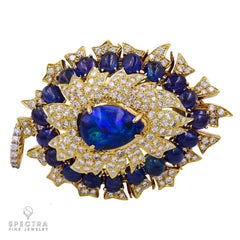 David Webb 18k Yellow Gold Opal Diamond Sapphire Brooch Pendant, USA
