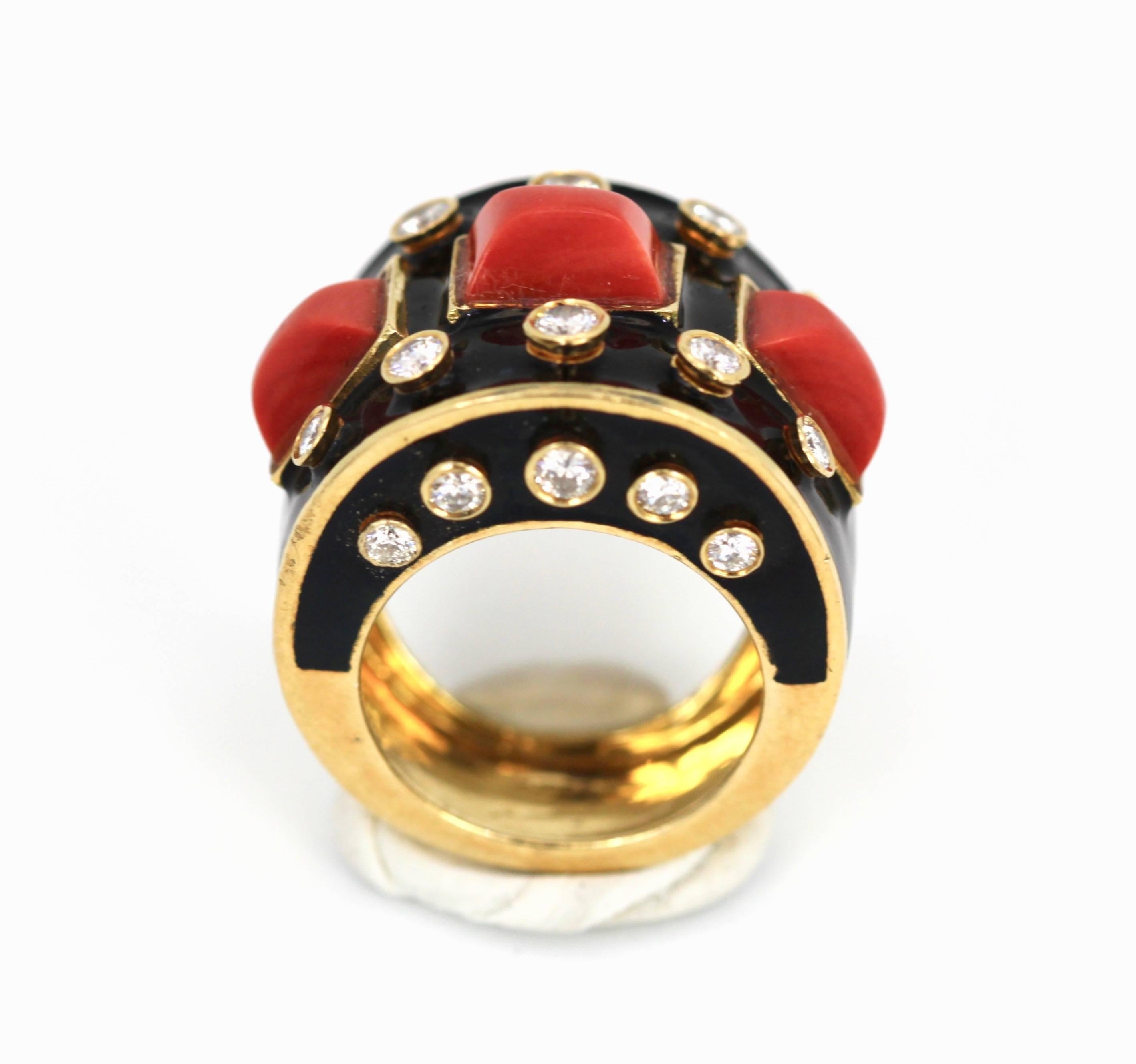 David Webb Orange Cabochon Coral Diamond Black Enamel 18K Platinum Gold Ring 4
