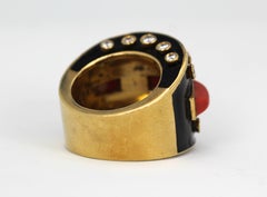 David Webb Orange Cabochon Coral Diamond Black Enamel 18K Platinum Gold Ring