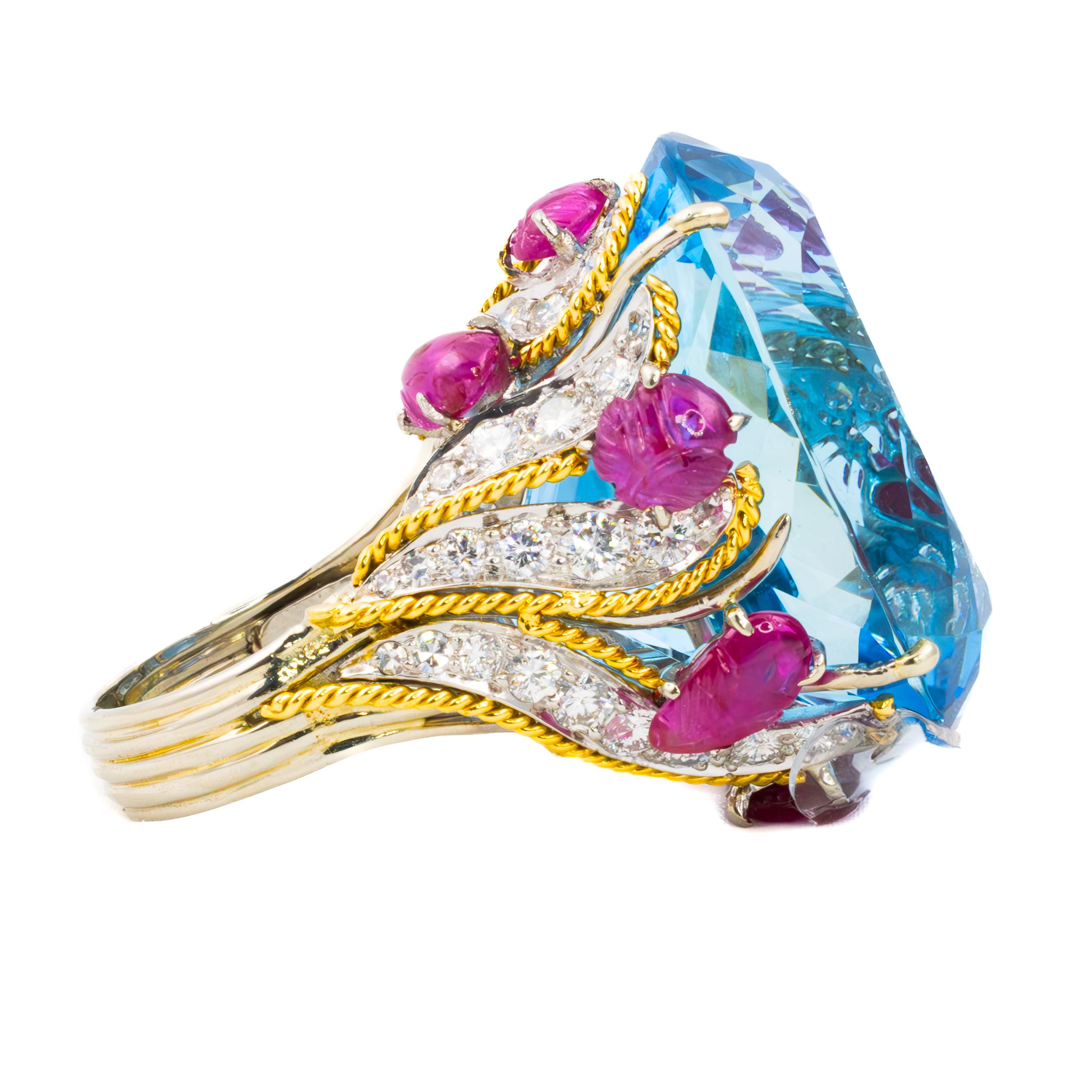 Retro David Webb Oval Aquamarine, Carved Ruby, and Diamond Cocktail Ring For Sale