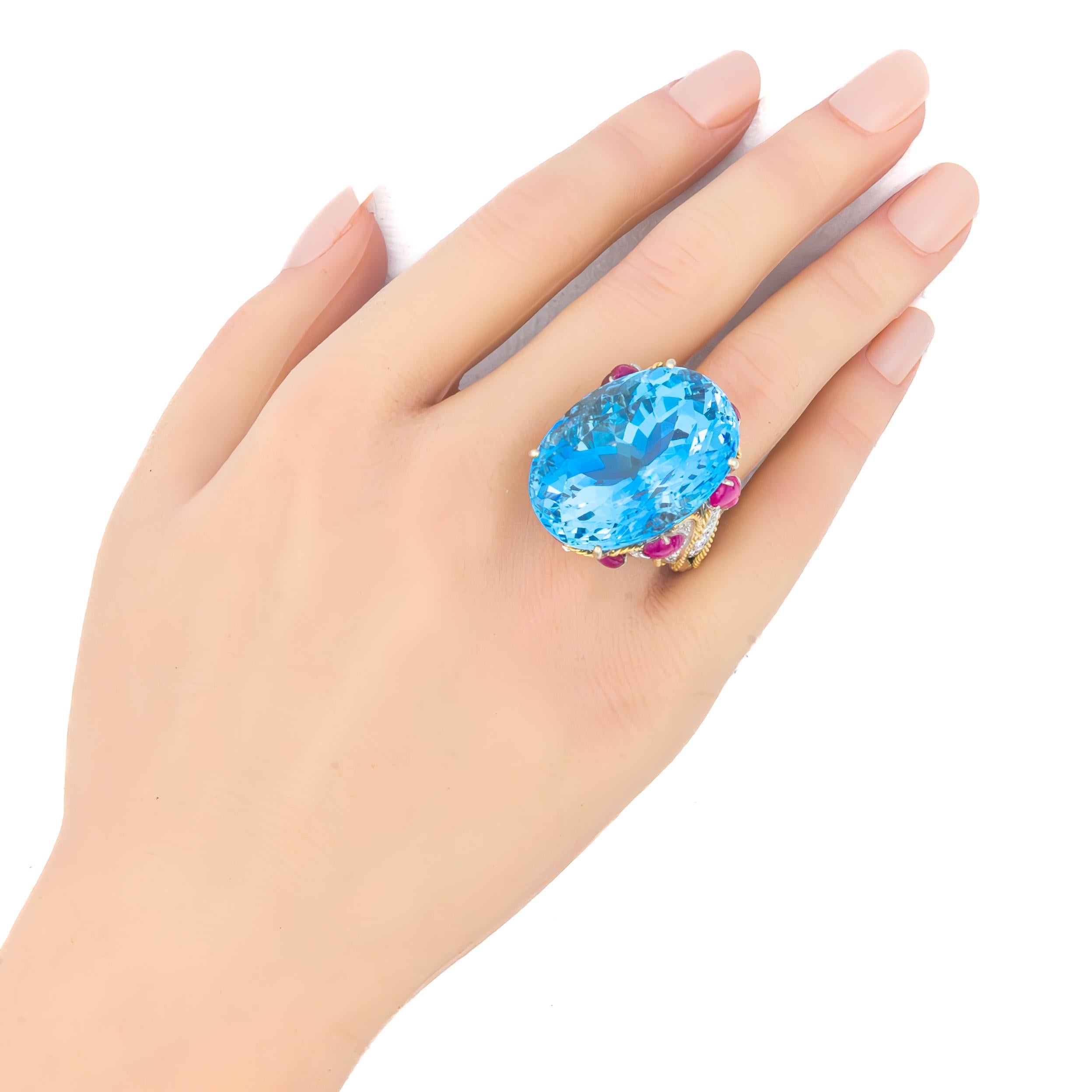 Oval Cut David Webb Oval Aquamarine, Carved Ruby, and Diamond Cocktail Ring For Sale