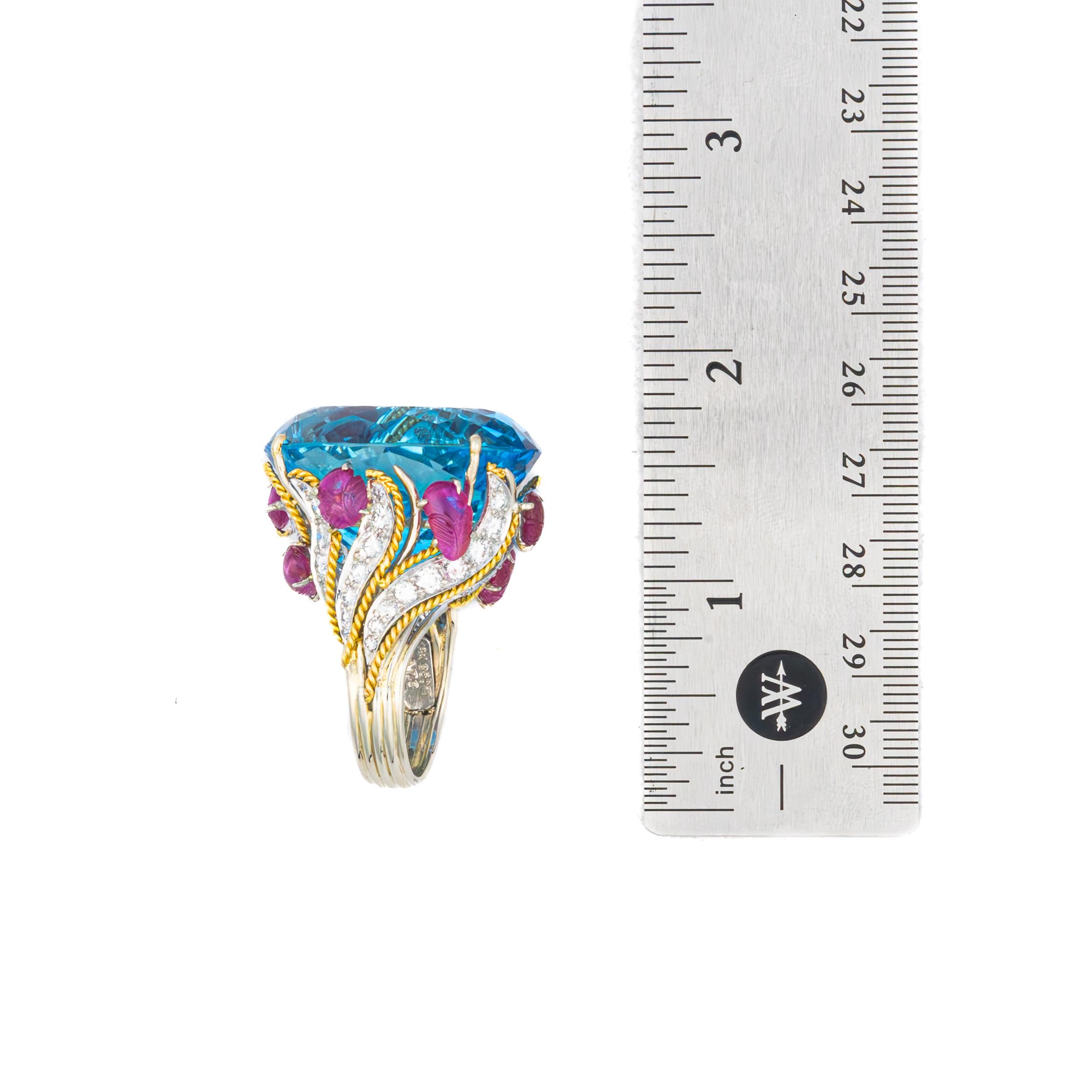 Women's or Men's David Webb Oval Aquamarine, Carved Ruby, and Diamond Cocktail Ring For Sale