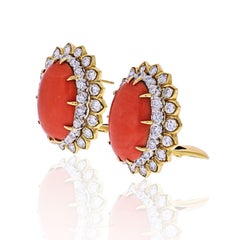 David Webb Oval Coral and Round Cut Diamond Earrings