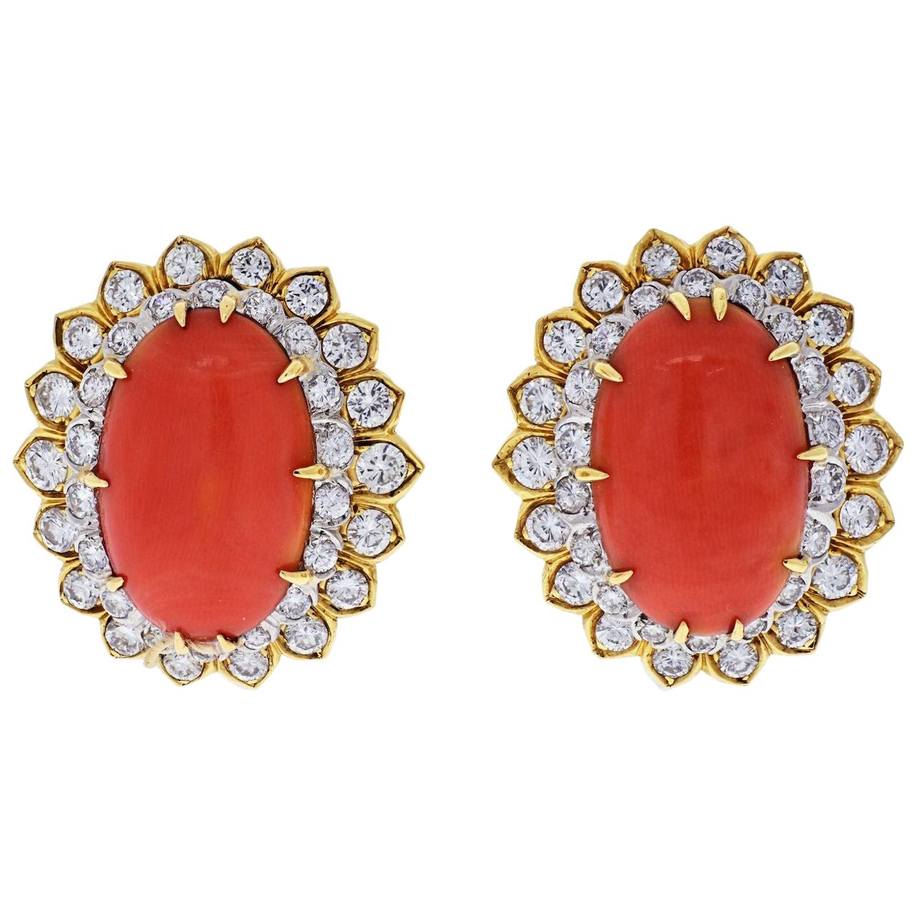 David Webb Oval Coral and Round Cut Diamond Earrings For Sale
