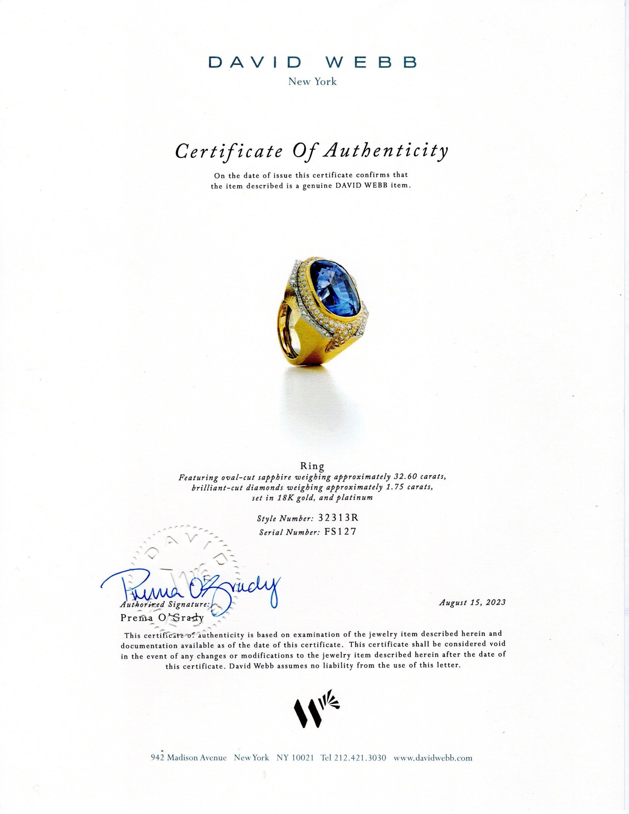 Femenino o masculino Anillo para hombre con zafiro talla oval David Webb en venta