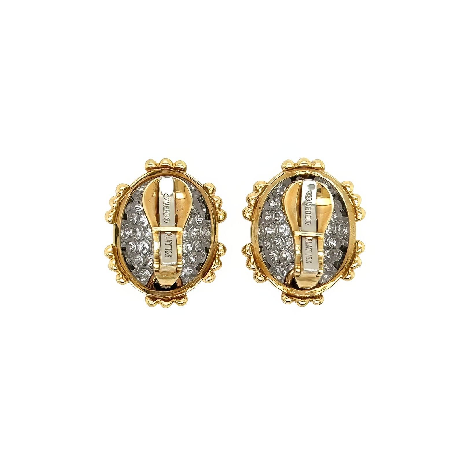 A pair of 18 karat yellow gold, platinum and diamond earclips, David Webb.  Each earclip designed as a platinum bombe oval pave set with approximately forty three (43) round brilliant cut diamonds within six (6) fluted gold brackets.  Total diamond