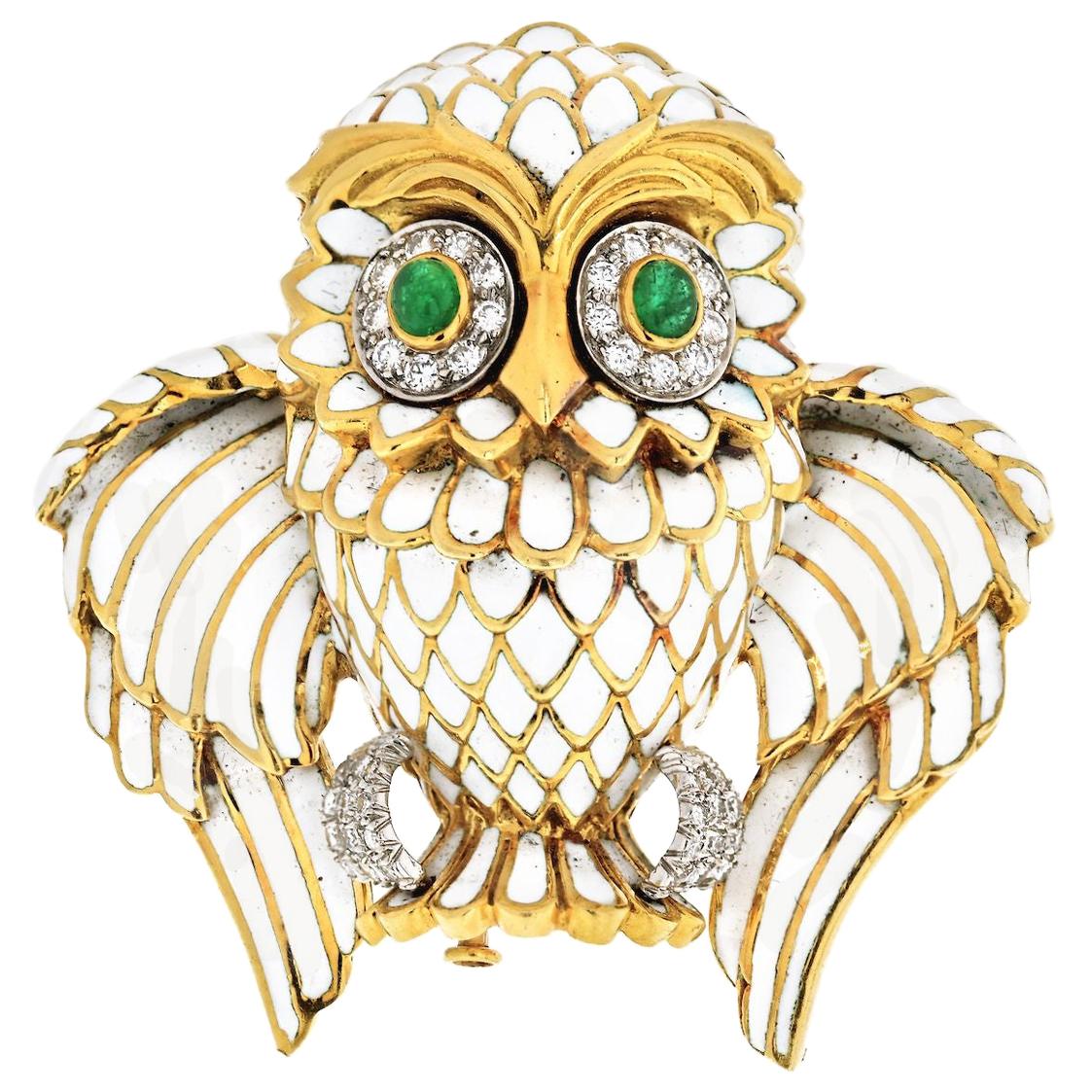 David Webb 18K Yellow Gold White Enamel Owl Diamond And Green Emerald Brooch