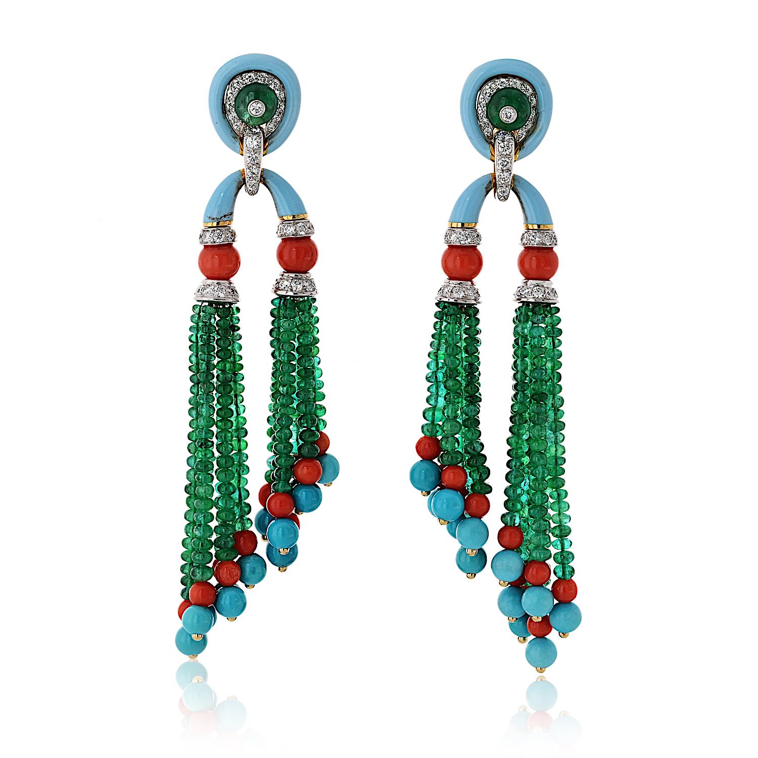 Estate David Webb tassel earrings from the iconic Pagoda collection. These striking earrings exude a bold, vintage charm with a playful yet sophisticated design. 

Crafted in 18K gold and platinum, they feature vibrant emerald beads cascading into