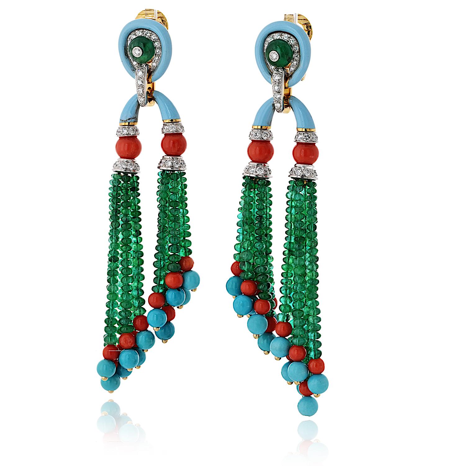 Modern David Webb Pagoda Tassel Emerald And Turquoise Diamond Drop Dangling Earrings For Sale