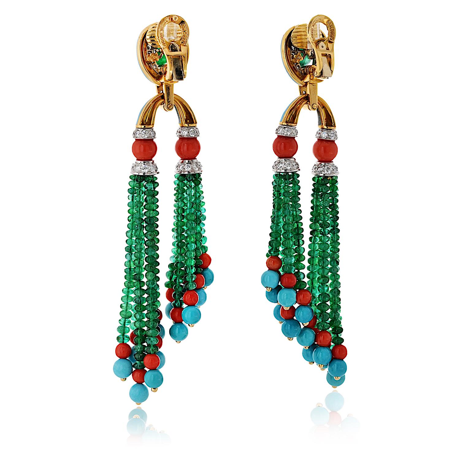 Round Cut David Webb Pagoda Tassel Emerald And Turquoise Diamond Drop Dangling Earrings For Sale