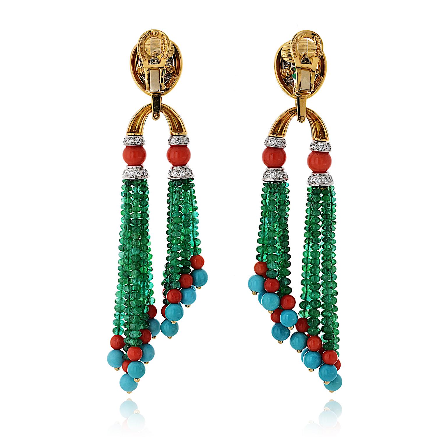 David Webb Pagoda Tassel Emerald And Turquoise Diamond Drop Dangling Earrings In Excellent Condition For Sale In New York, NY