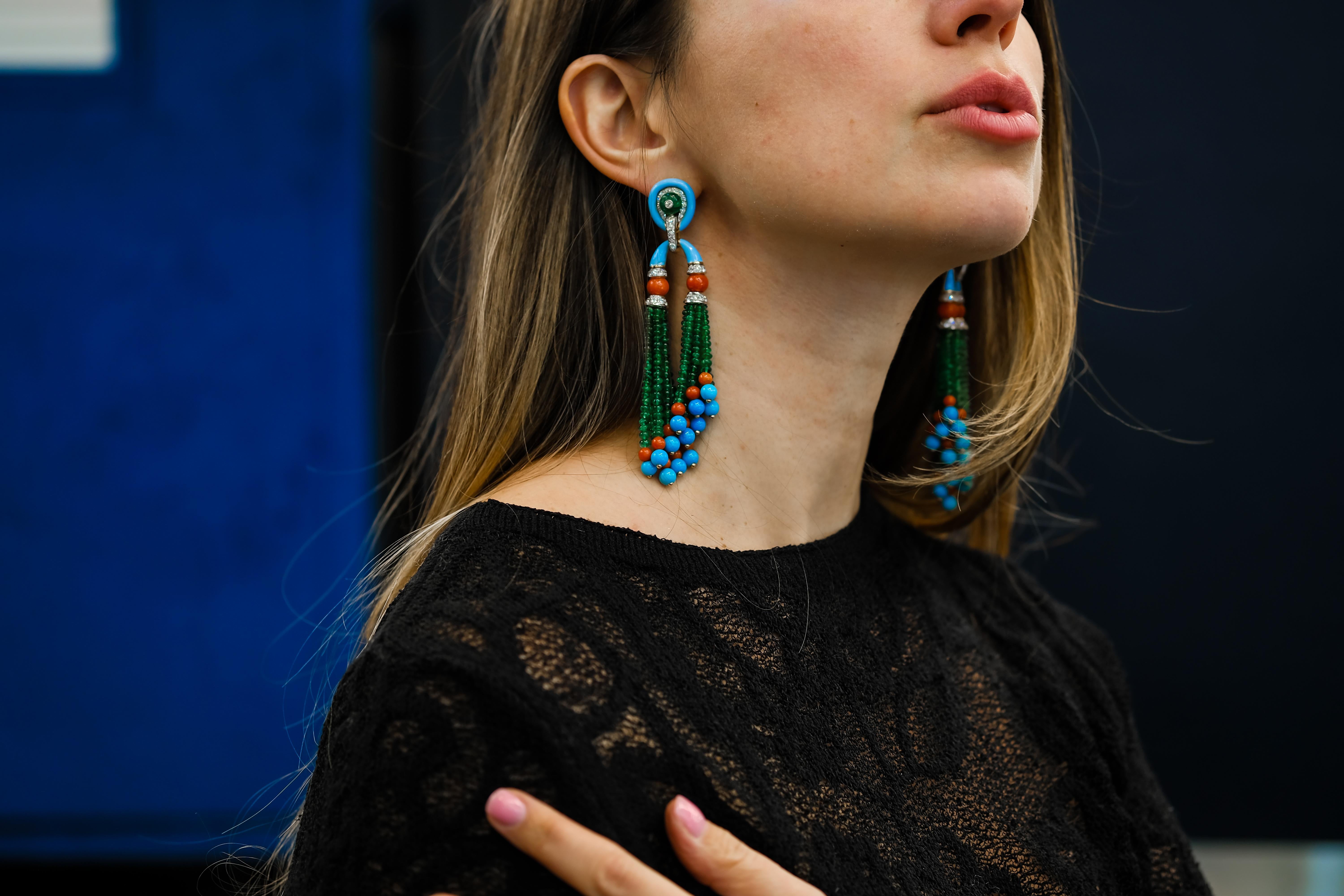Women's David Webb Pagoda Tassel Emerald And Turquoise Diamond Drop Dangling Earrings For Sale