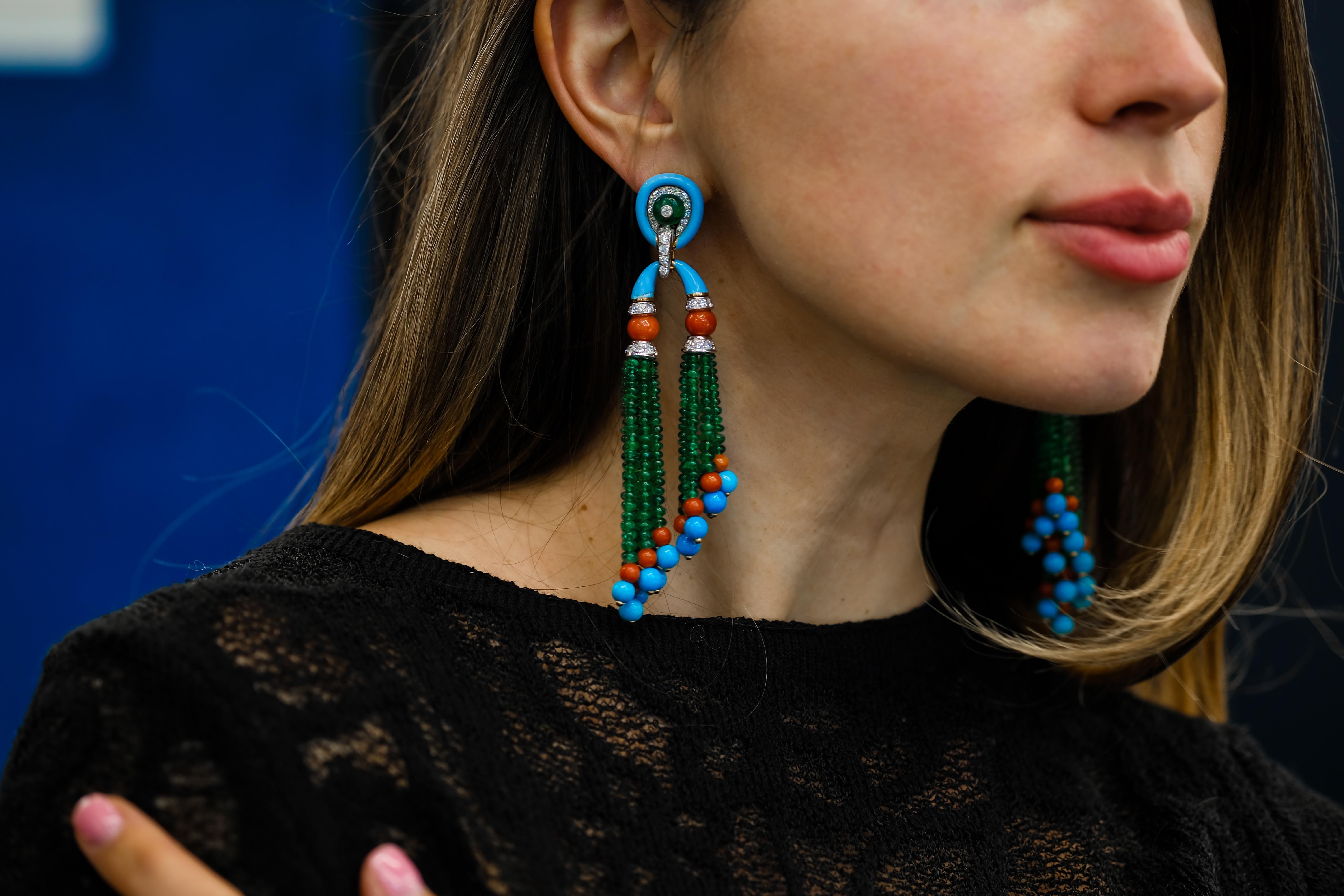 David Webb Pagoda Tassel Emerald And Turquoise Diamond Drop Dangling Earrings For Sale 1