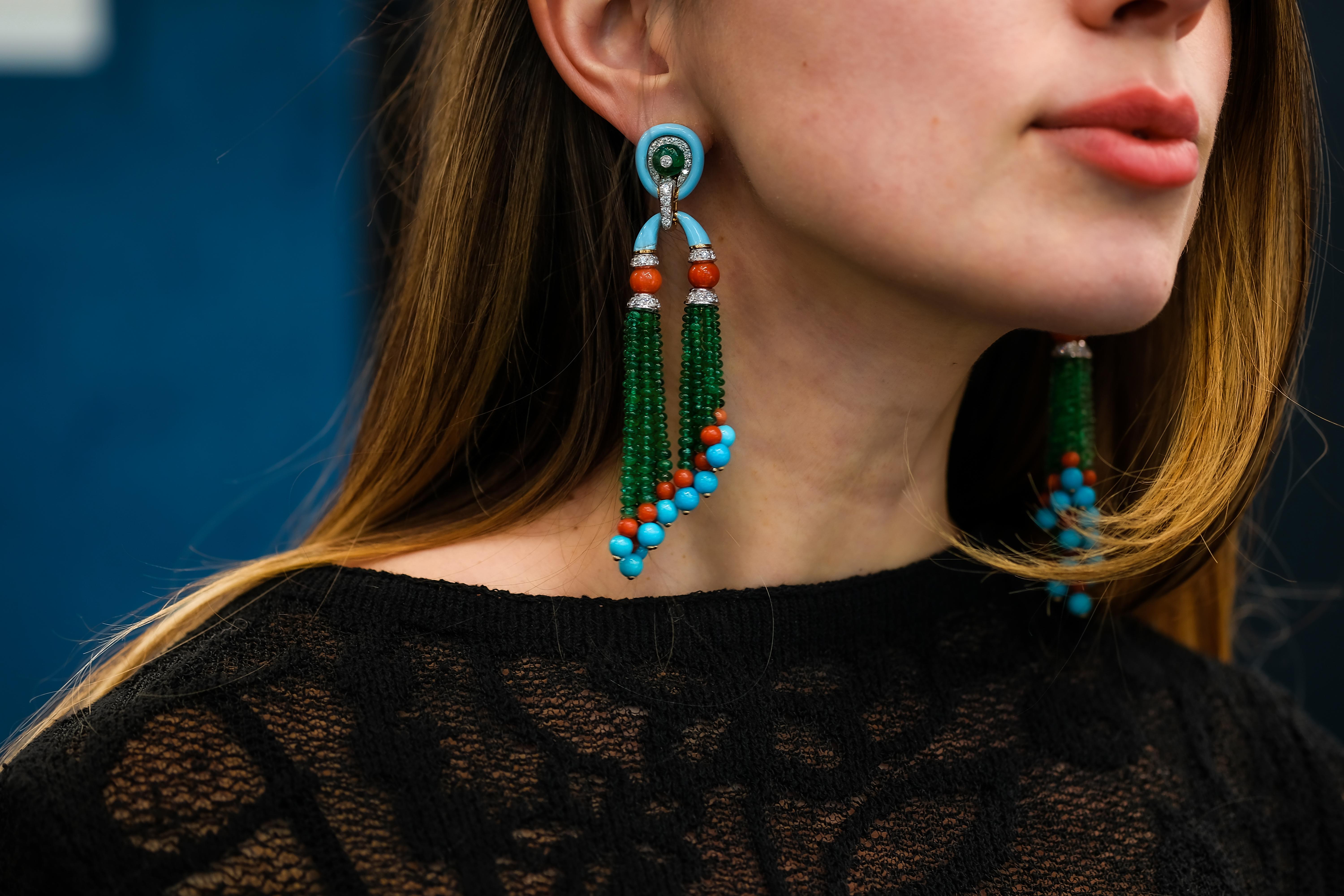 David Webb Pagoda Tassel Emerald And Turquoise Diamond Drop Dangling Earrings For Sale 2