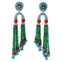 Vintage David Webb Pagoda Tassel Emerald And Turquoise Diamond Drop Dangling Earrings