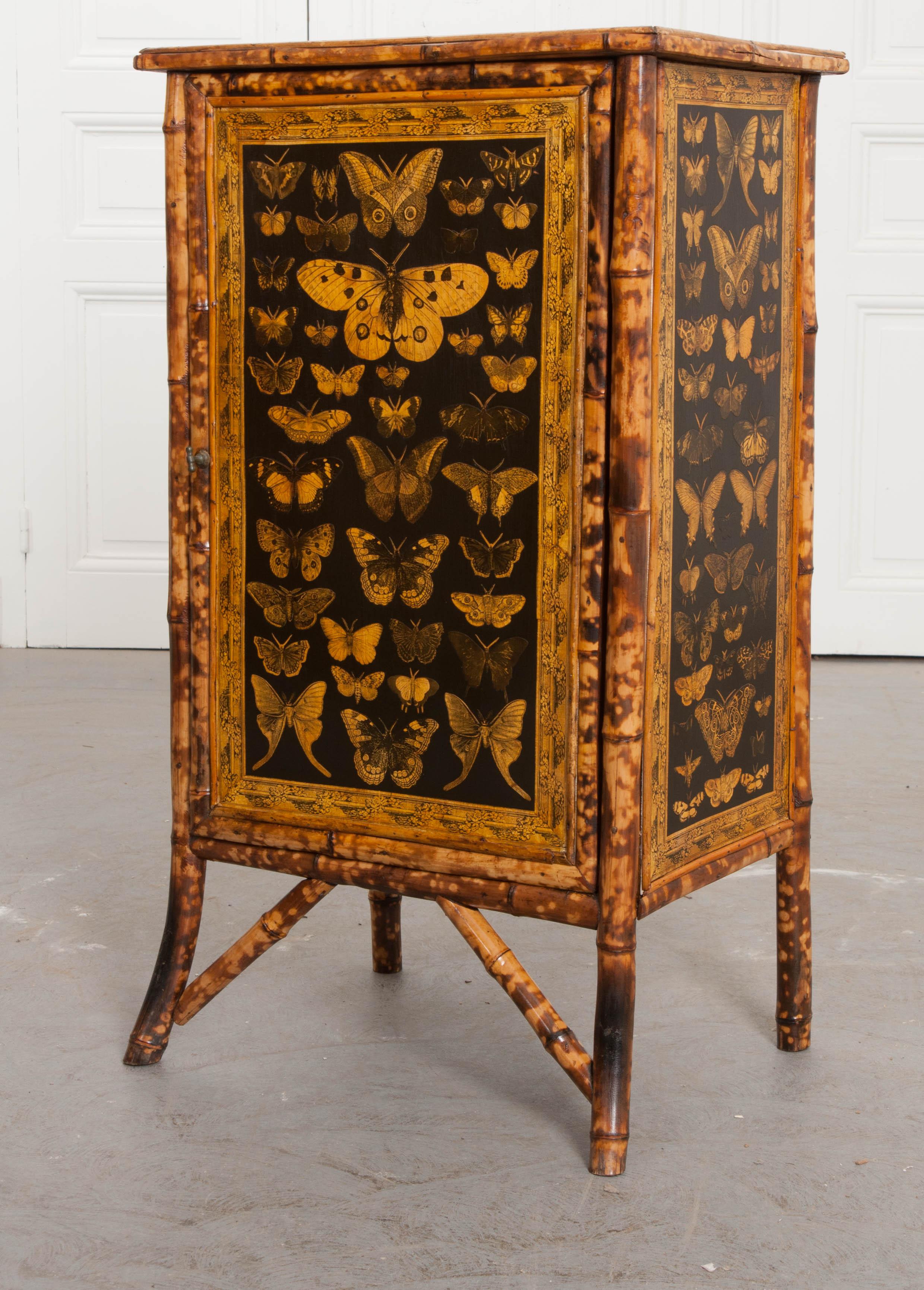 English 19th Century Découpage Moth Bamboo Cabinet 5