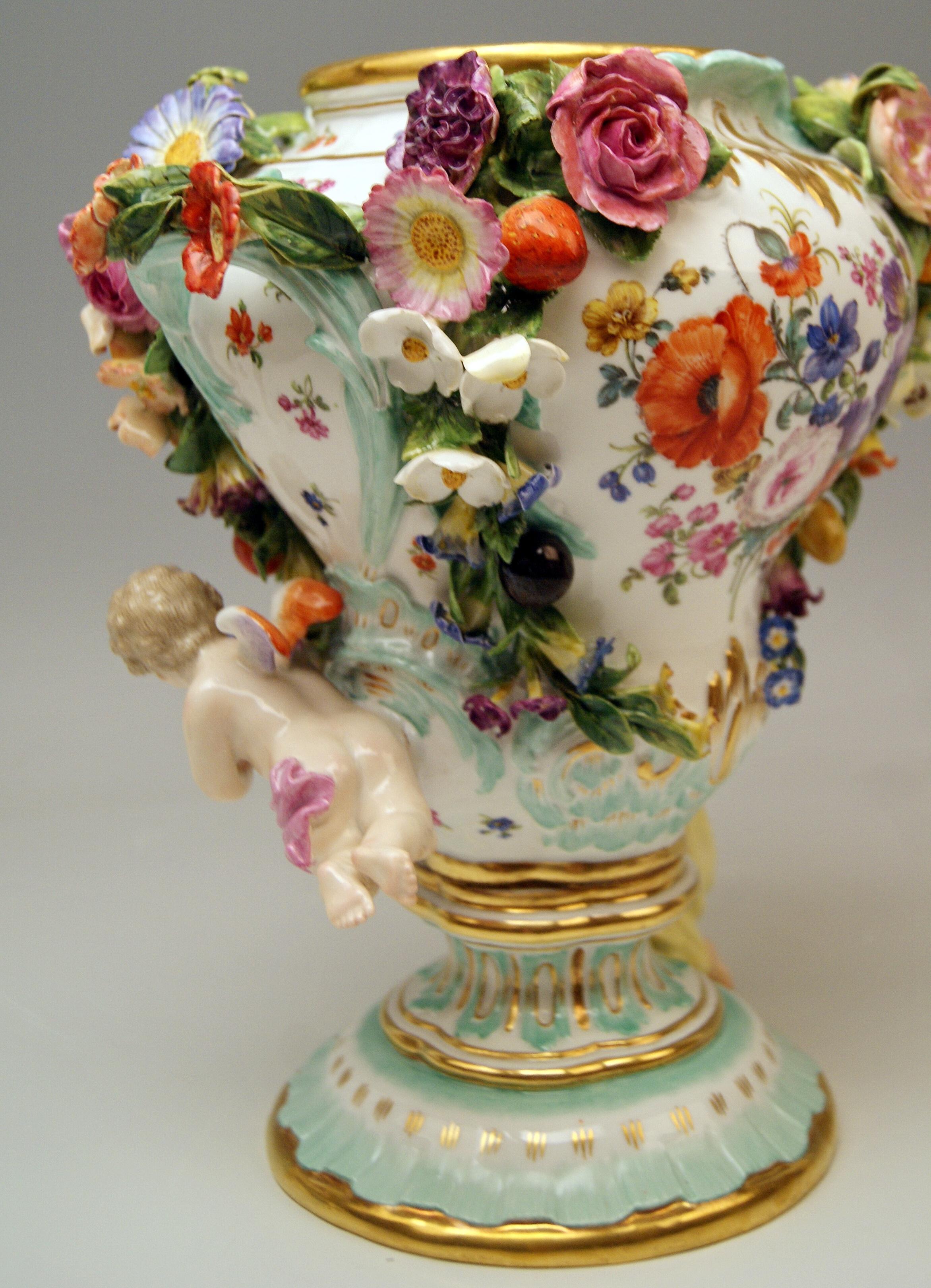 Meissen Two Potpourri Vases 2707 Painted Pictures Cherubs Flowers Kaendler 1870 5