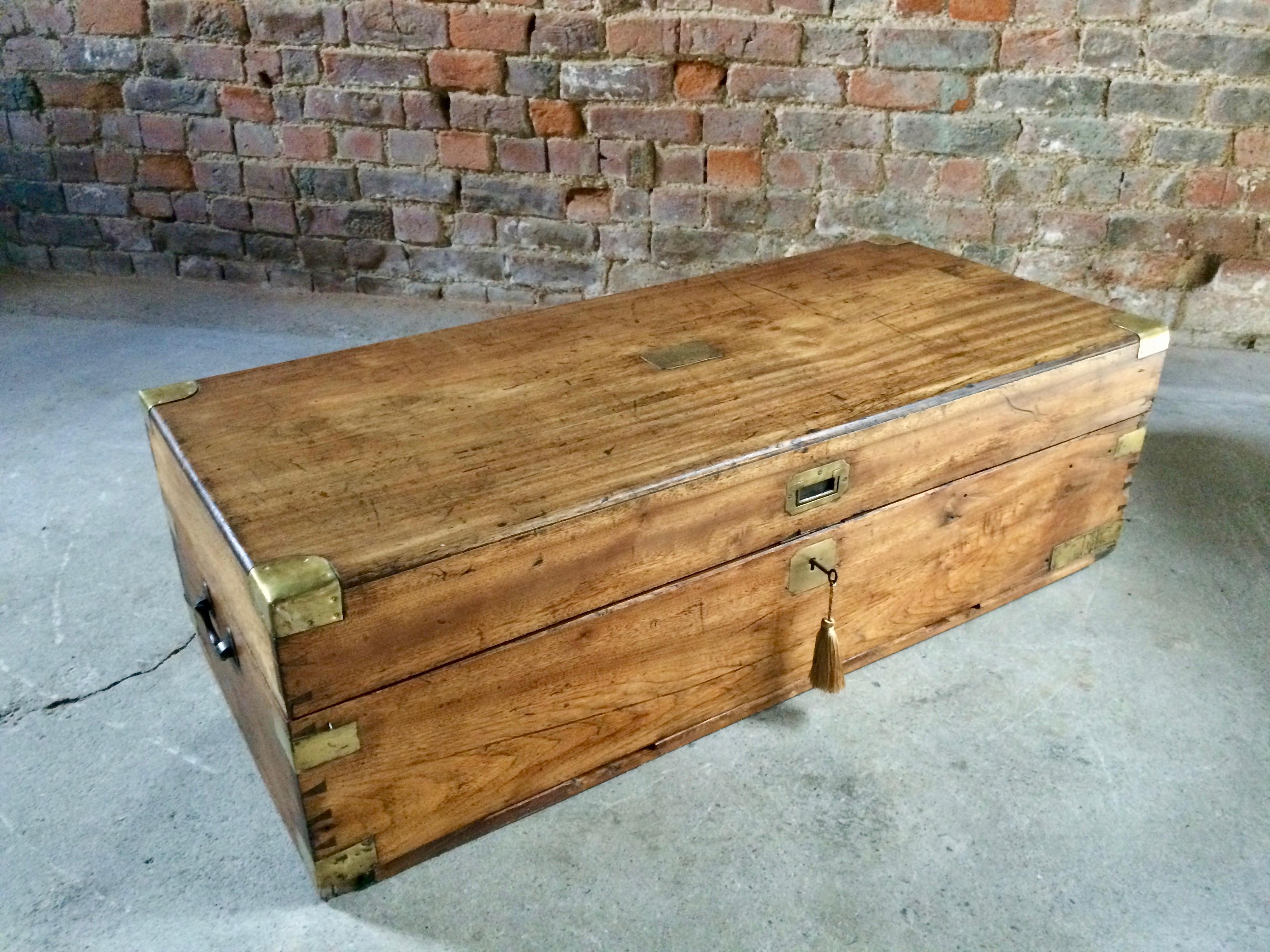 Large Antique Campaign Travel Trunk Chest Coffer Teak Victorian, 19th Century 6