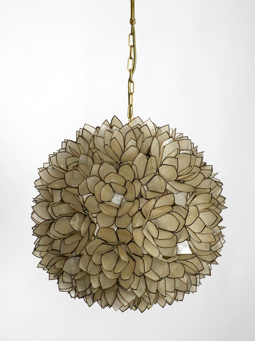 Elegant Beautiful 1970s Flowers Spherical Pendant Lamp Made of Mother-of-Pearl 7