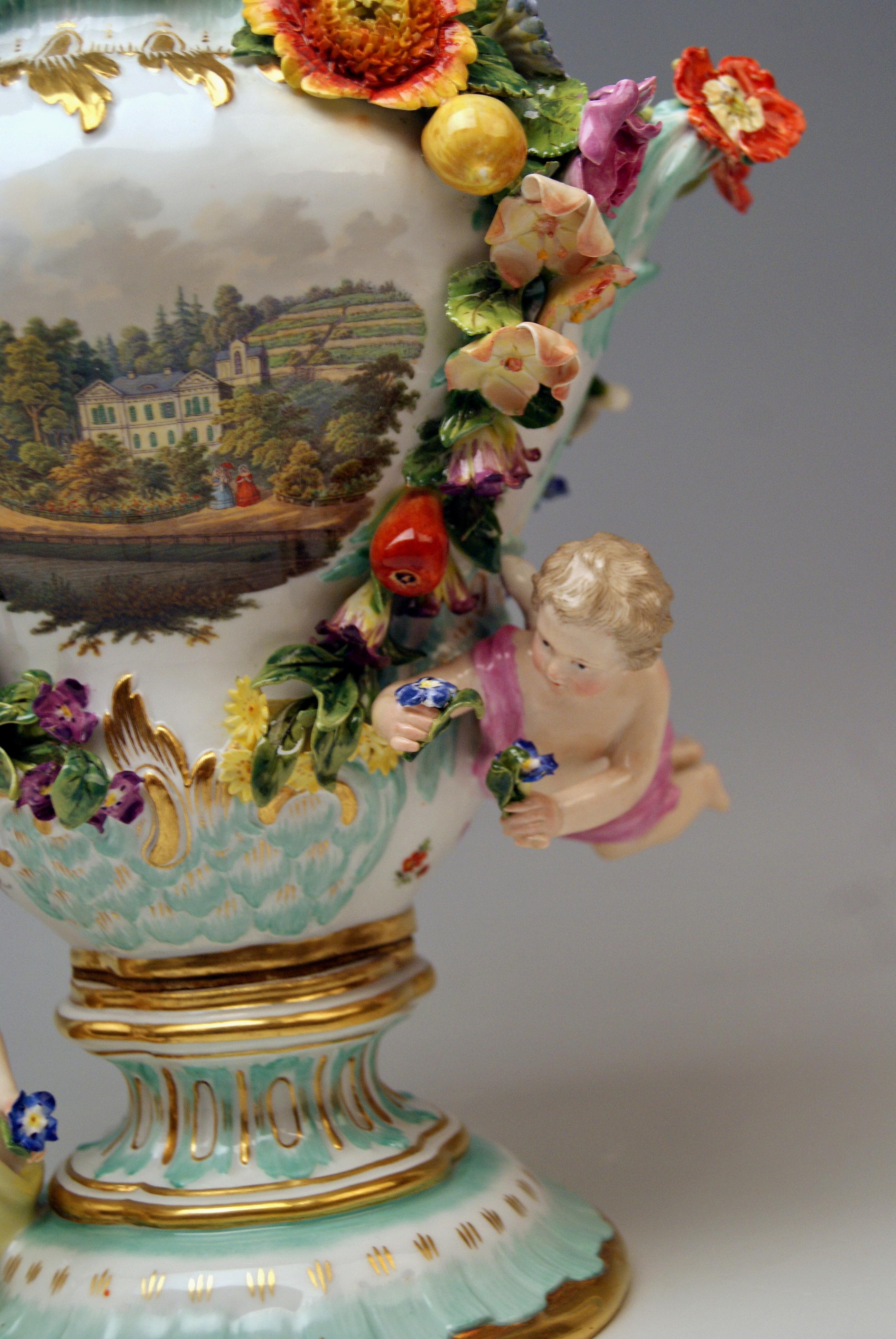 Meissen Two Potpourri Vases 2707 Painted Pictures Cherubs Flowers Kaendler 1870 7